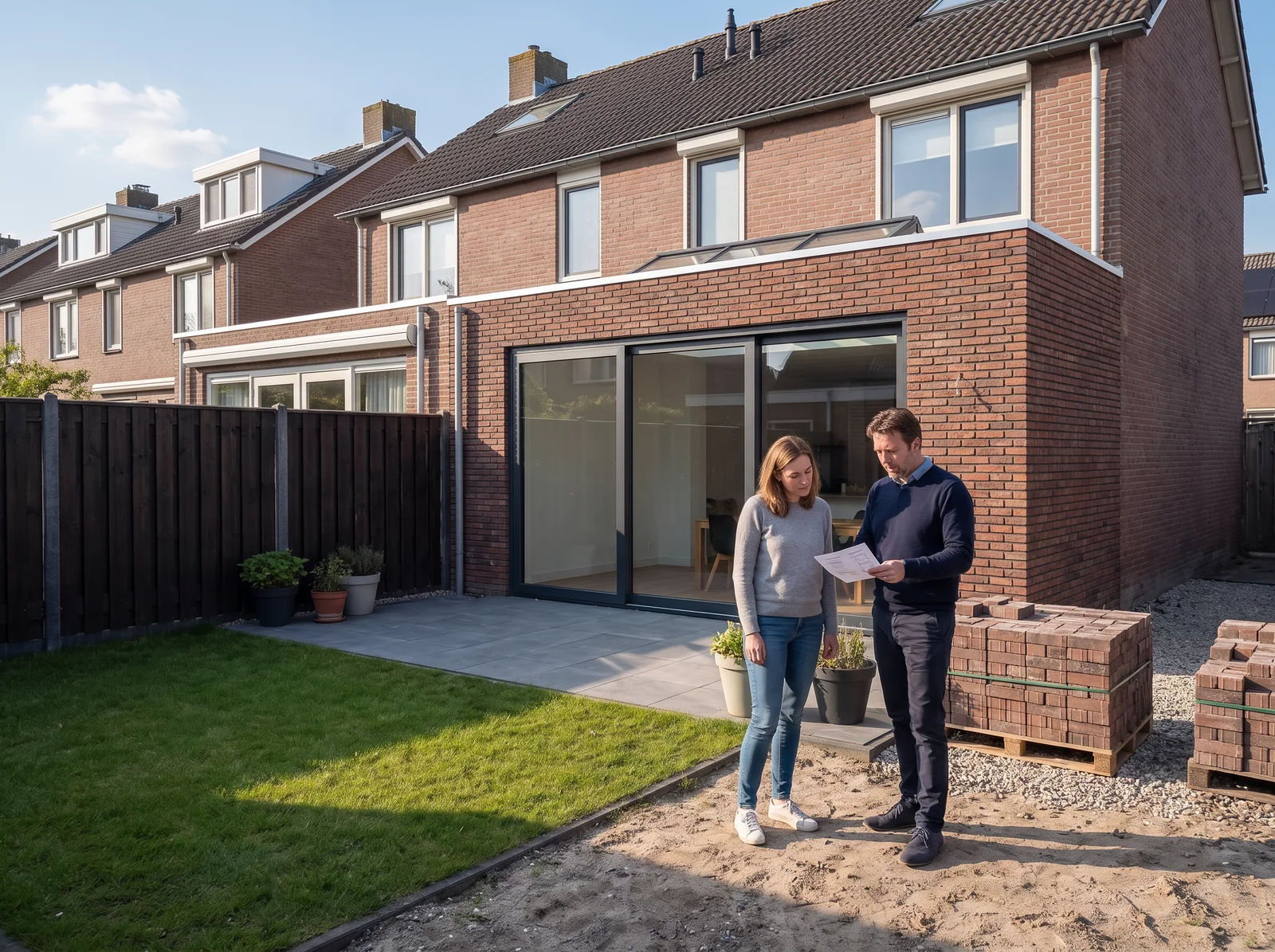 Een adviseur loopt met een bewoner de begroting door bij haar bijna af gebouwde uitbouw