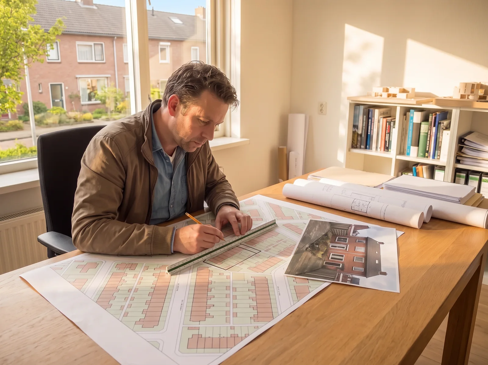 Een architect tekent op een kaart van de wijk de uitbouw in op het perceel