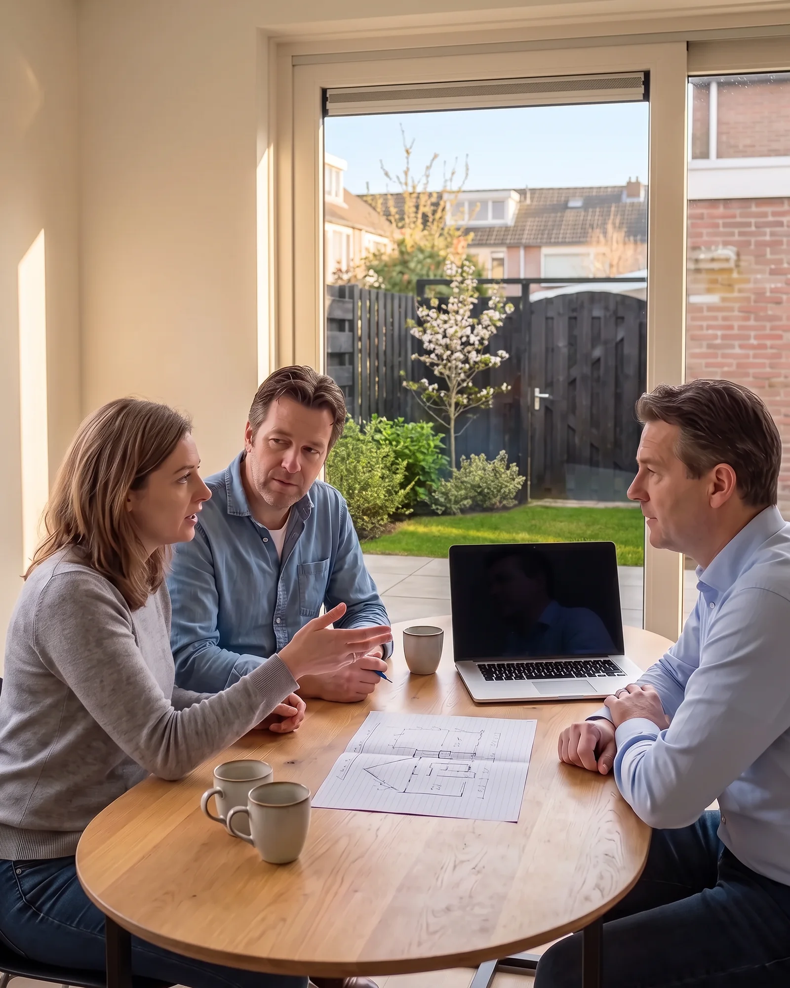 Een stel vertelt aan de keukentafel over hun plannen voor een verbouwing