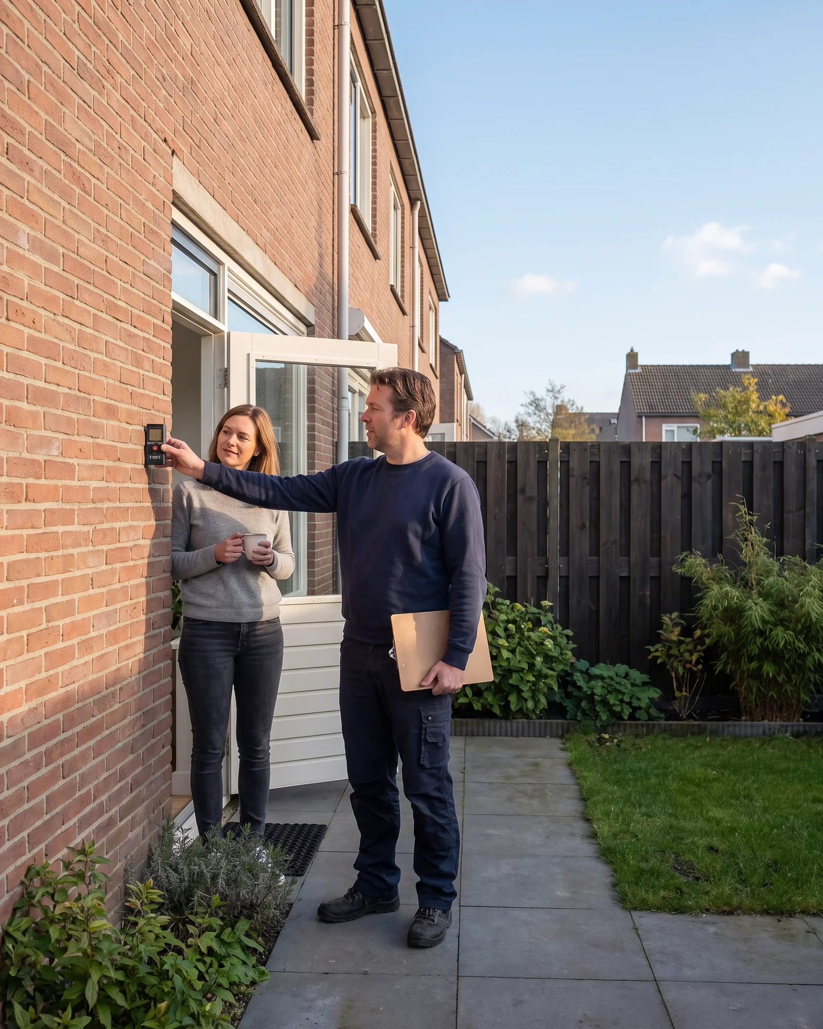 Een bouwkundige meet de achtergevel van een huis op