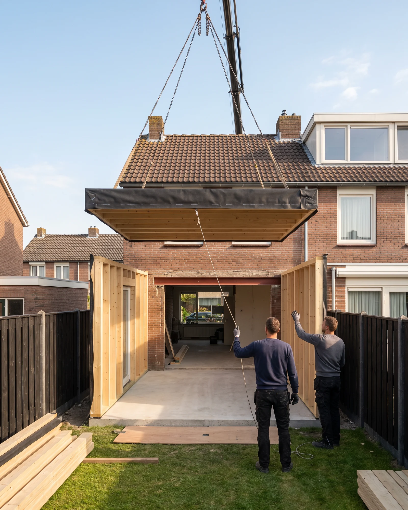 Twee bouwers plaatsen met een kraan het dak van een prefab uitbouw achter een rijwoning