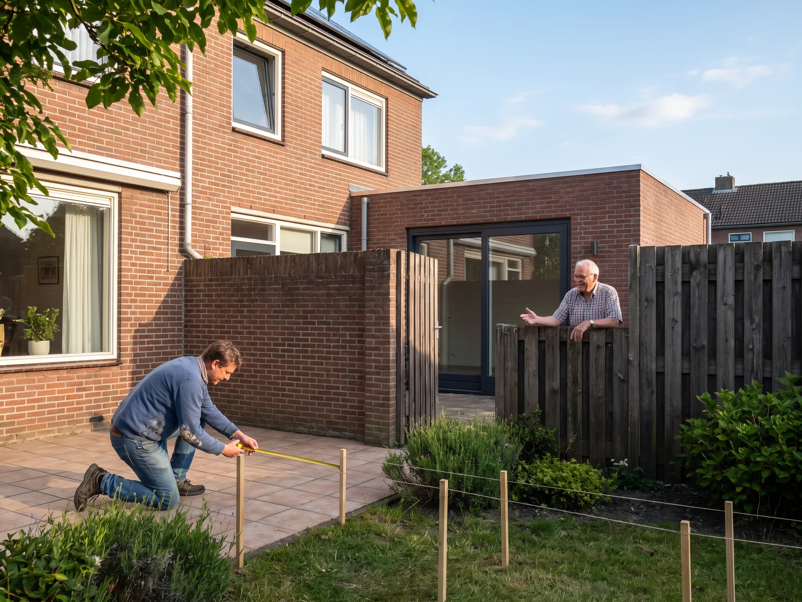 Een bewoner meet in de achtertuin uit hoe diep de uitbouw wordt