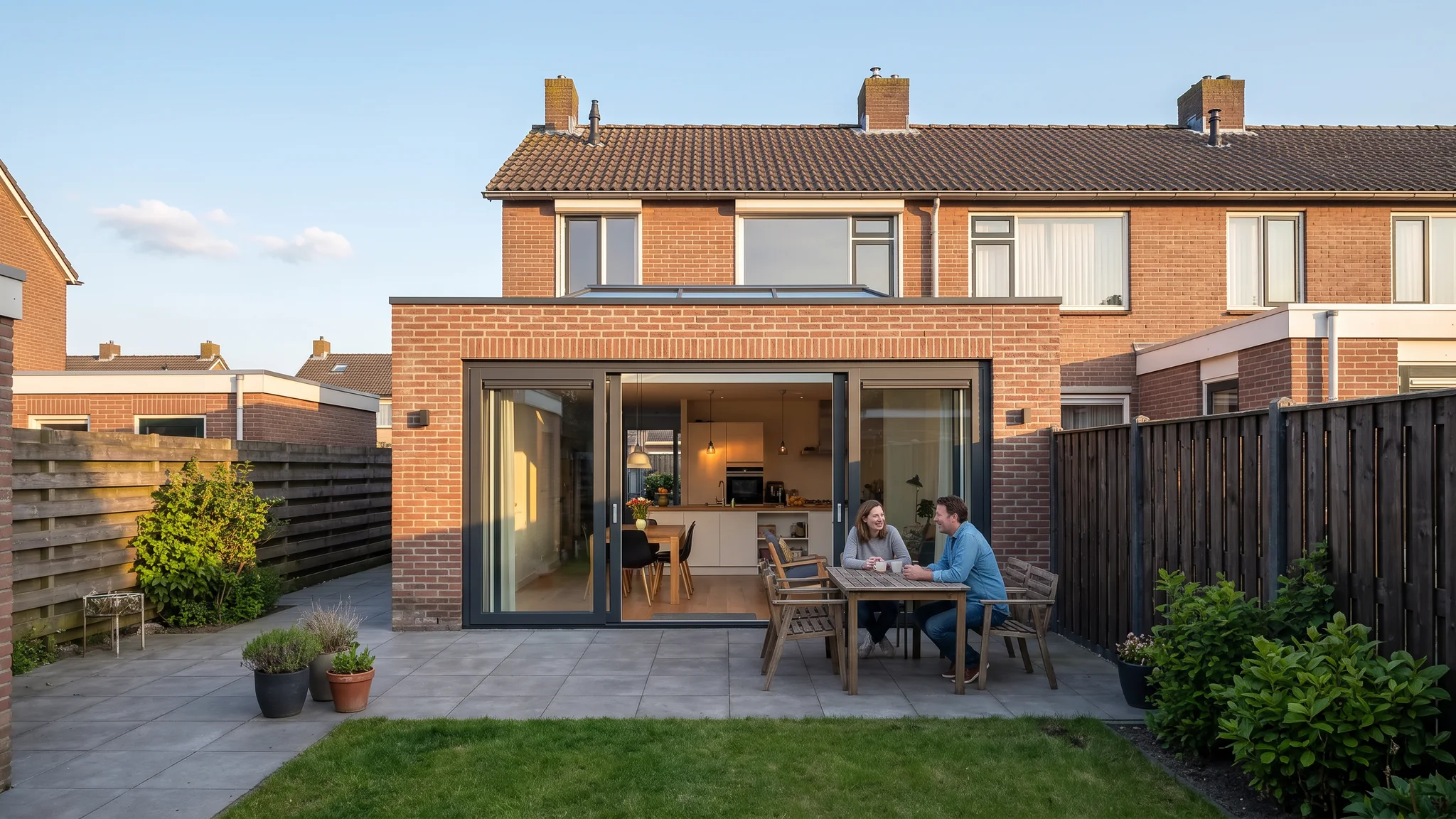 Een stel zit op een zomeravond op het terras voor hun nieuwe uitbouw
