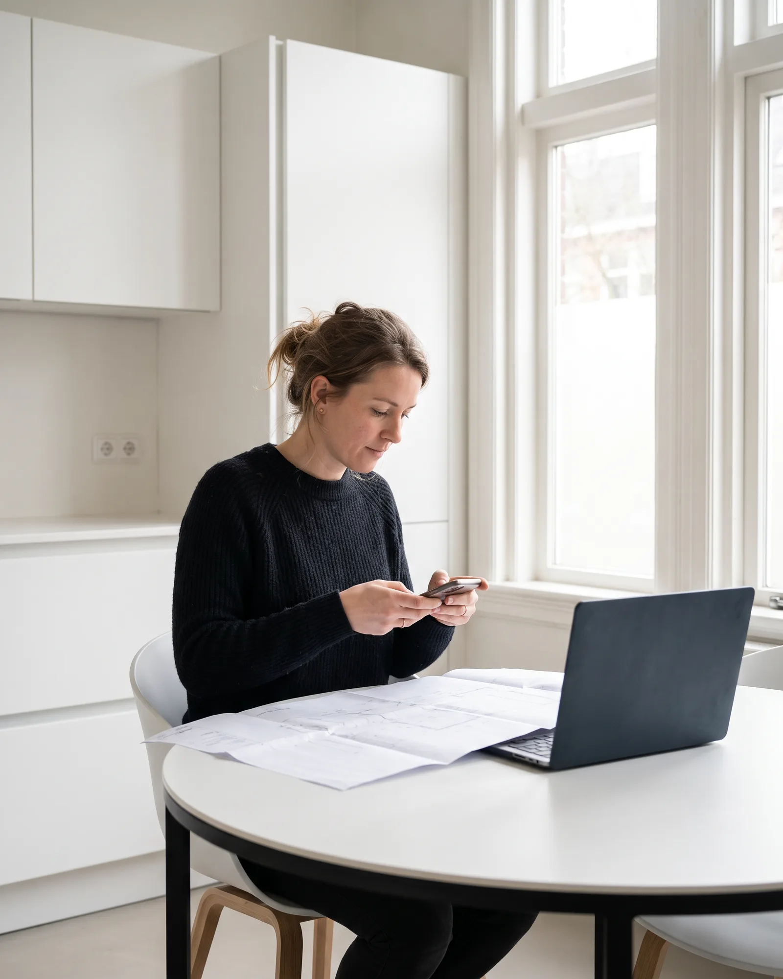 Een vrouw maakt aan de keukentafel foto's van haar bouwtekening om op te sturen