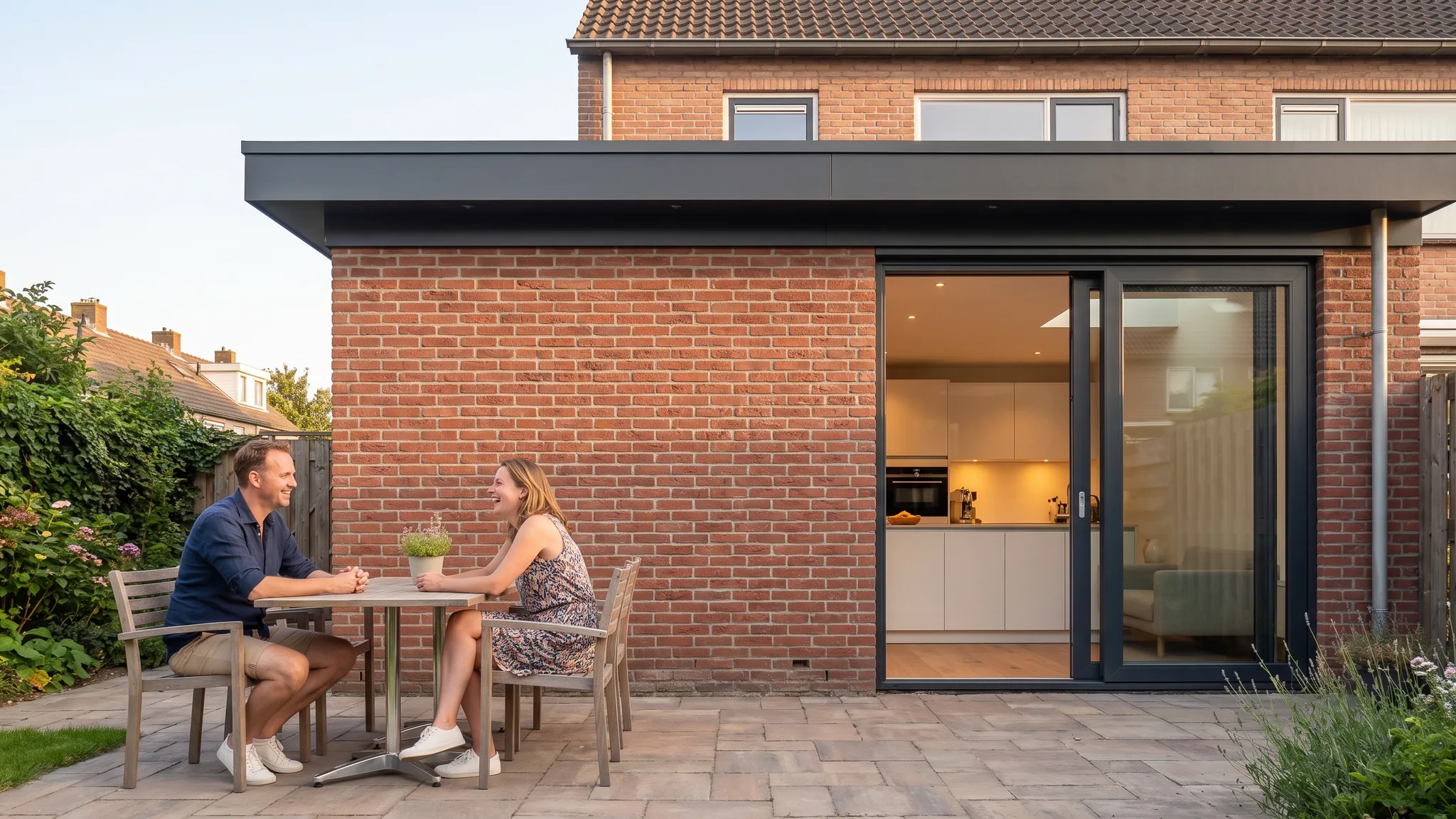 Een stel zit op een warme zomeravond op het terras voor hun nieuwe uitbouw met de schuifpui open