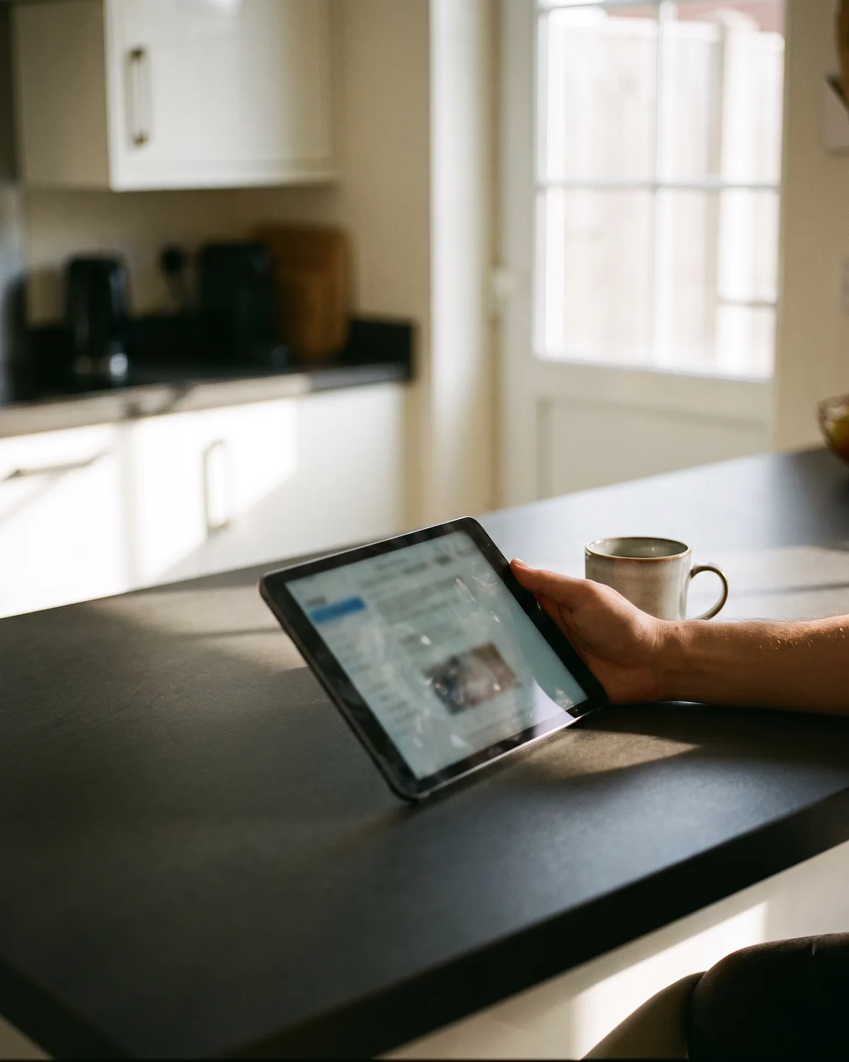 Een opdrachtbevestiging op een tablet, op een strak antraciet keukenblad
