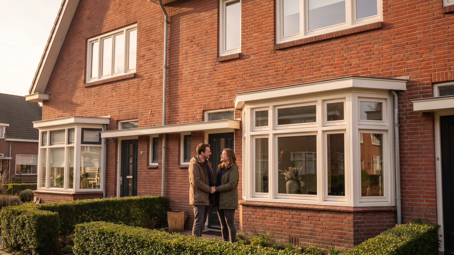 Een stel op de stoep van hun gerestaureerde jaren-dertigwoning, in het licht van de late middag