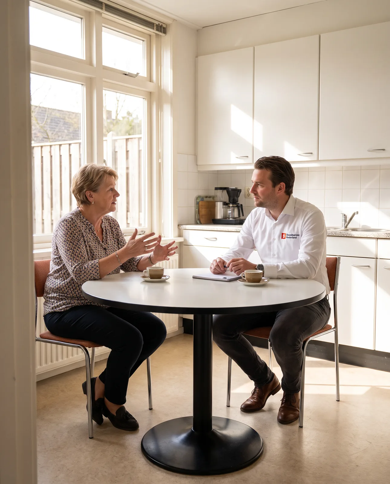 Een adviseur van ons in gesprek met een bewoonster aan de keukentafel