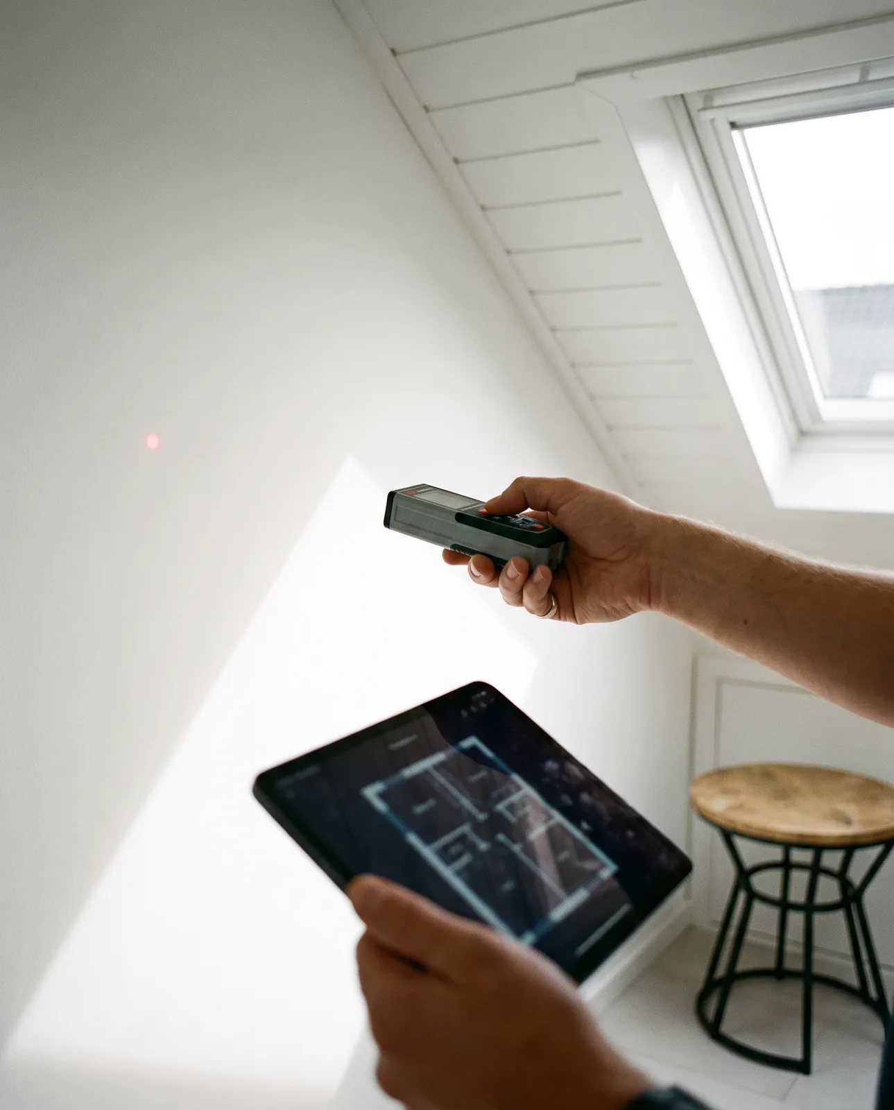 Handen meten met een laserafstandsmeter een zolder op