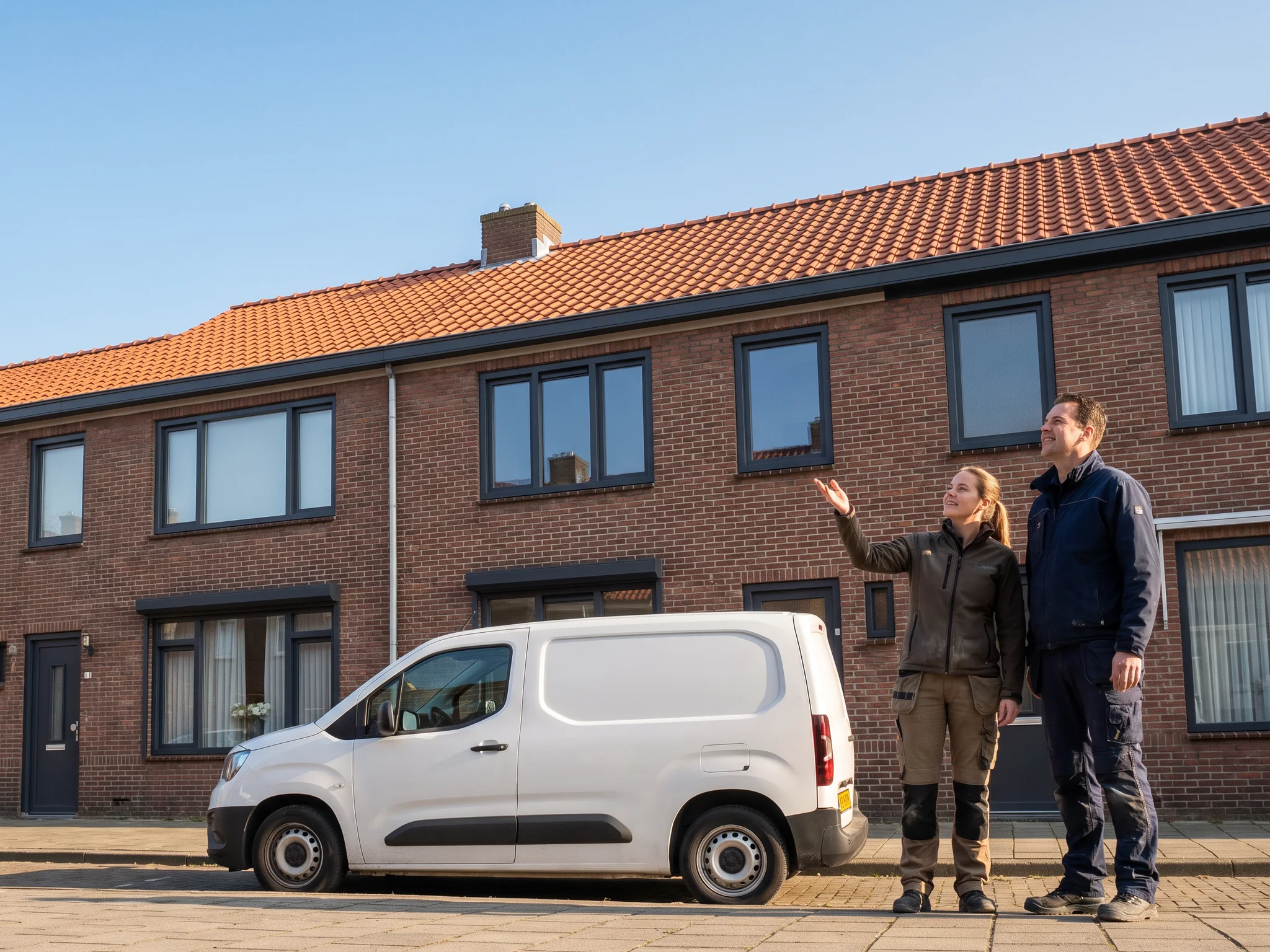 Twee mensen overleggen bij een bestelbus voor een rij nieuwe woningen