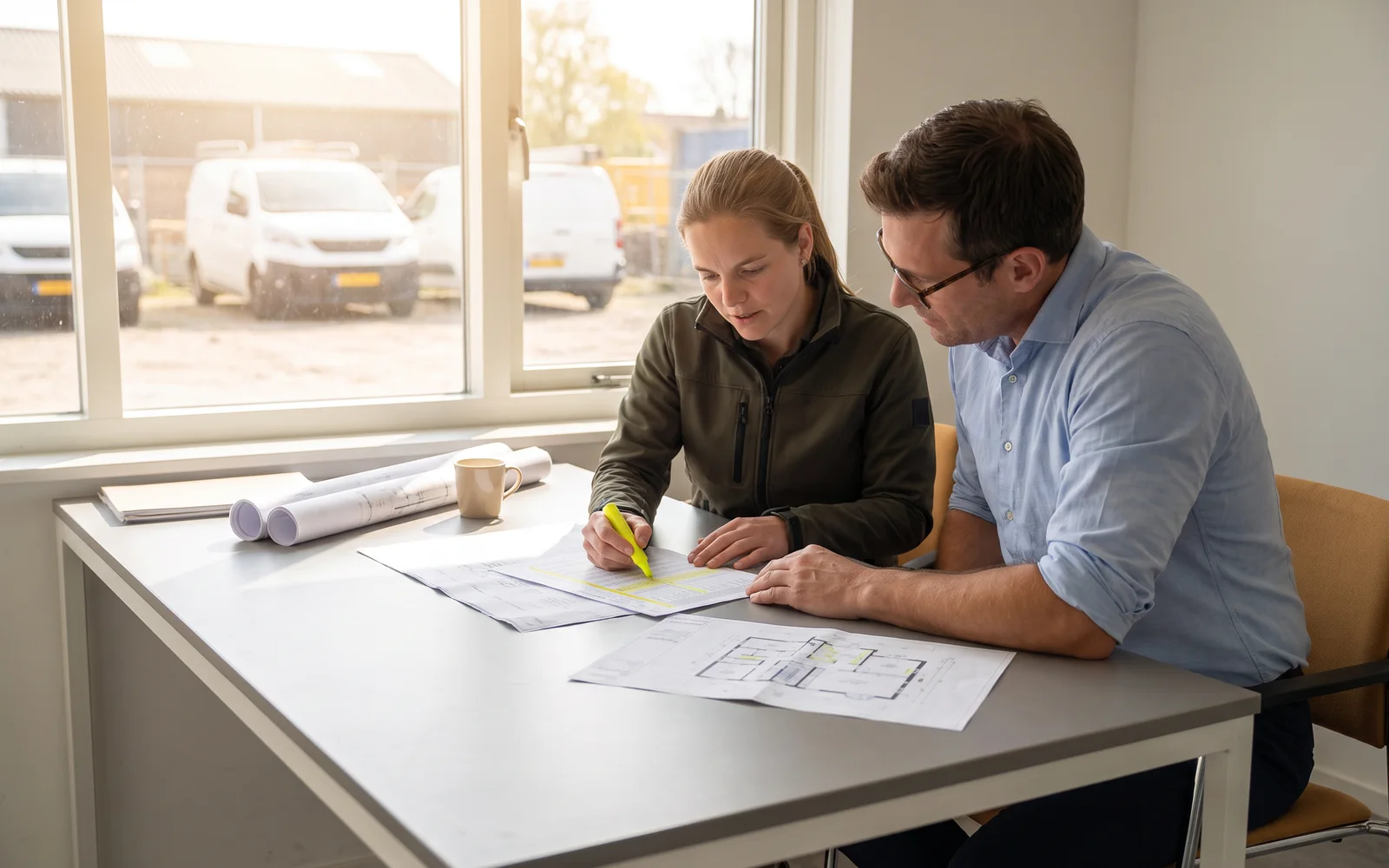 Twee mensen bespreken tekeningen aan een tafel