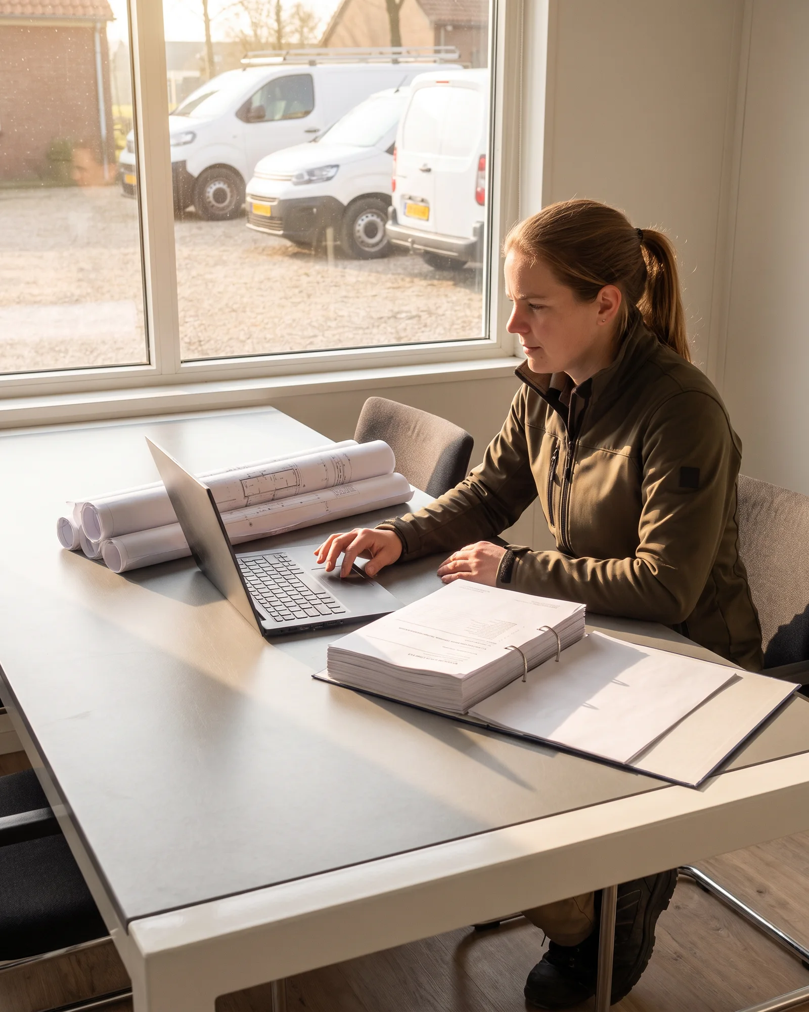 Een werkvoorbereider zet op kantoor tekeningen en een bestek klaar om te versturen