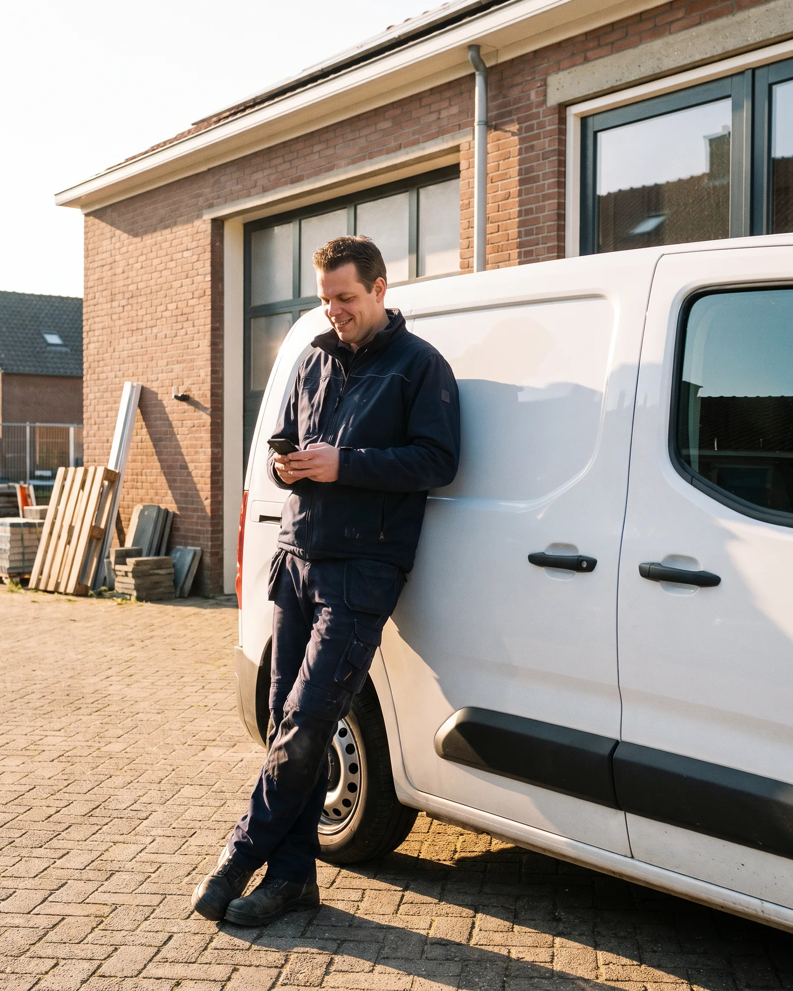 Een vakman staat met zijn telefoon bij zijn bedrijfsbus
