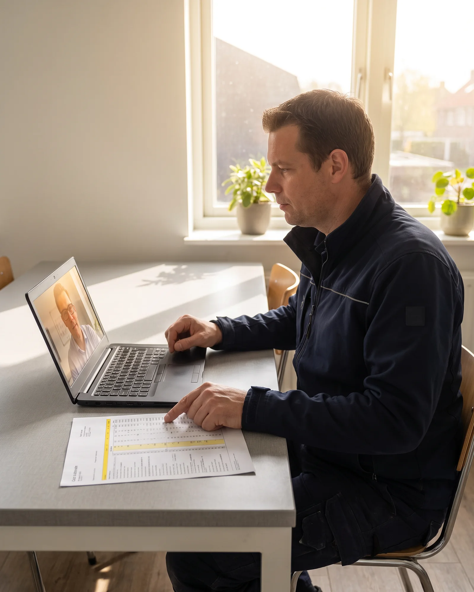 De eigenaar van een klein bouwbedrijf werkt 's avonds aan zijn keukentafel een bestek door op zijn laptop