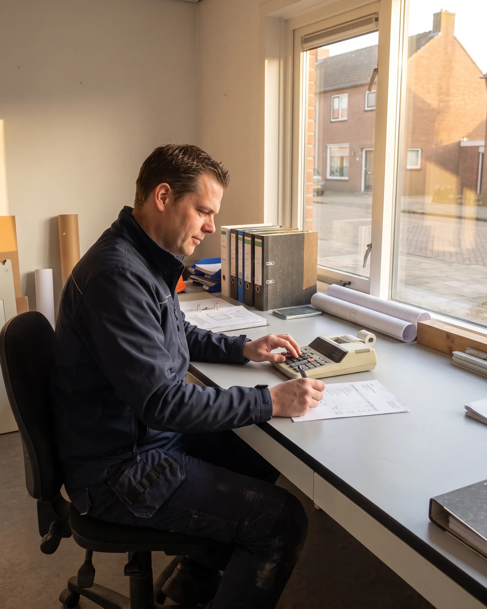Een aannemer rekent aan zijn bureau een offerte door