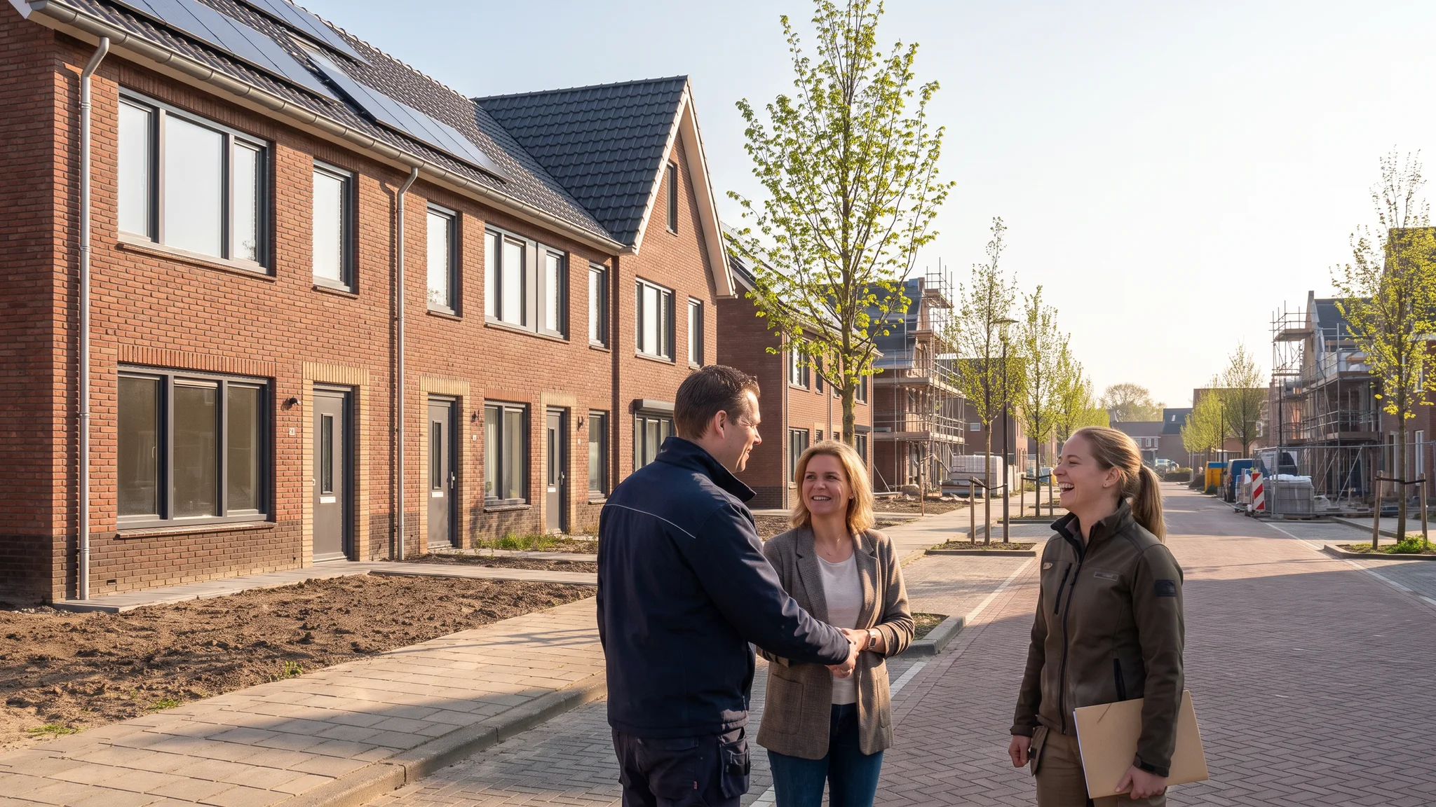 Drie mensen geven elkaar een hand bij nieuwe rijwoningen