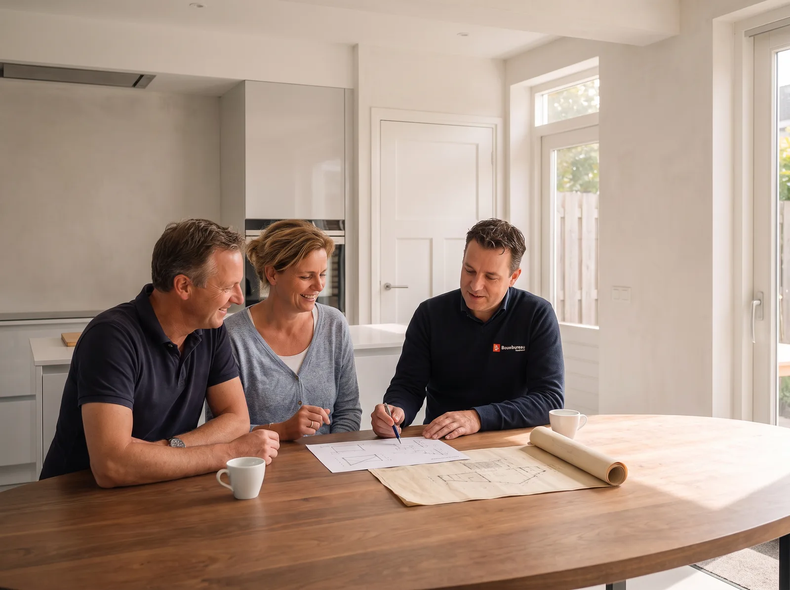 Een adviseur van ons bespreekt aan de keukentafel de berekening met de bewoners