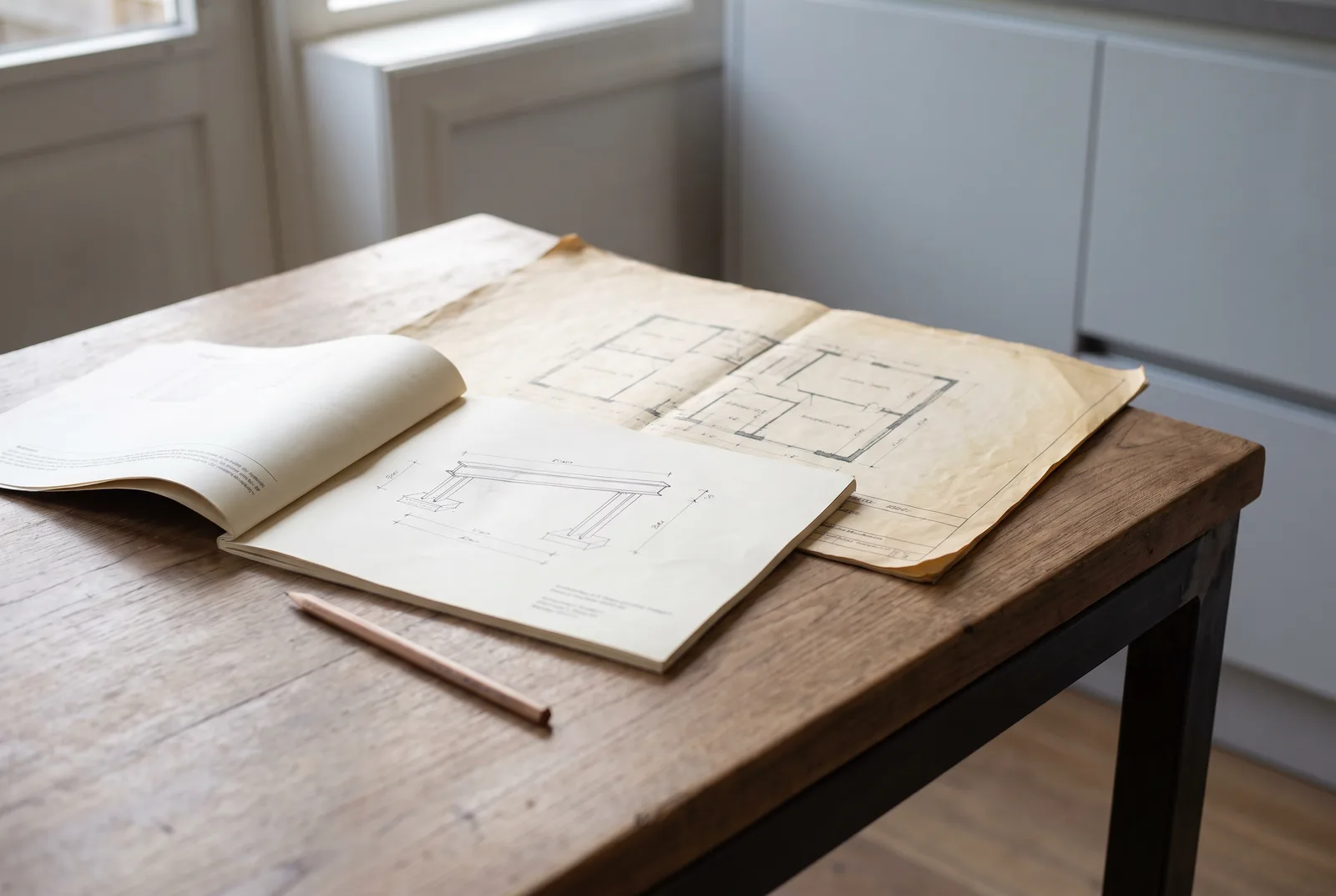 Een berekening met constructieschetsen en de oude bouwtekening van een huis op tafel