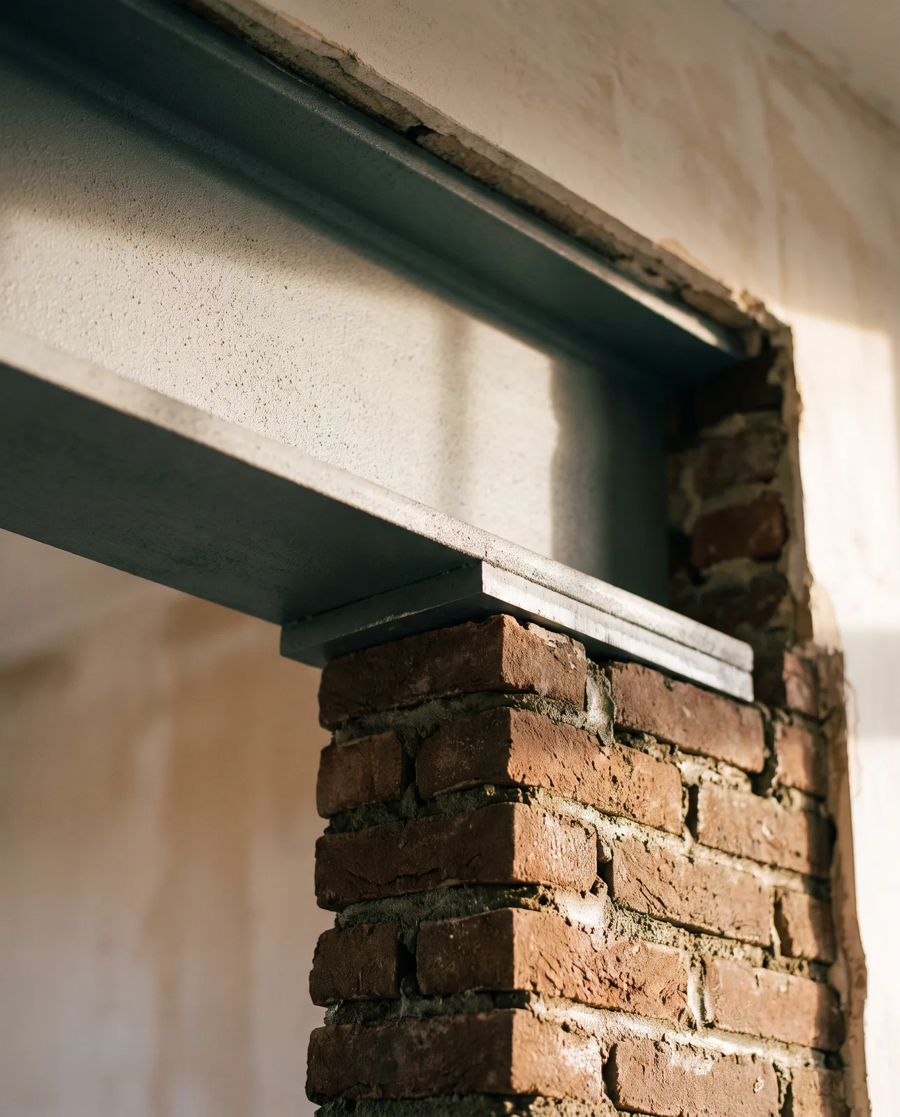 Een nieuwe stalen balk in een doorbraak, opgelegd op een gemetselde poer, van dichtbij