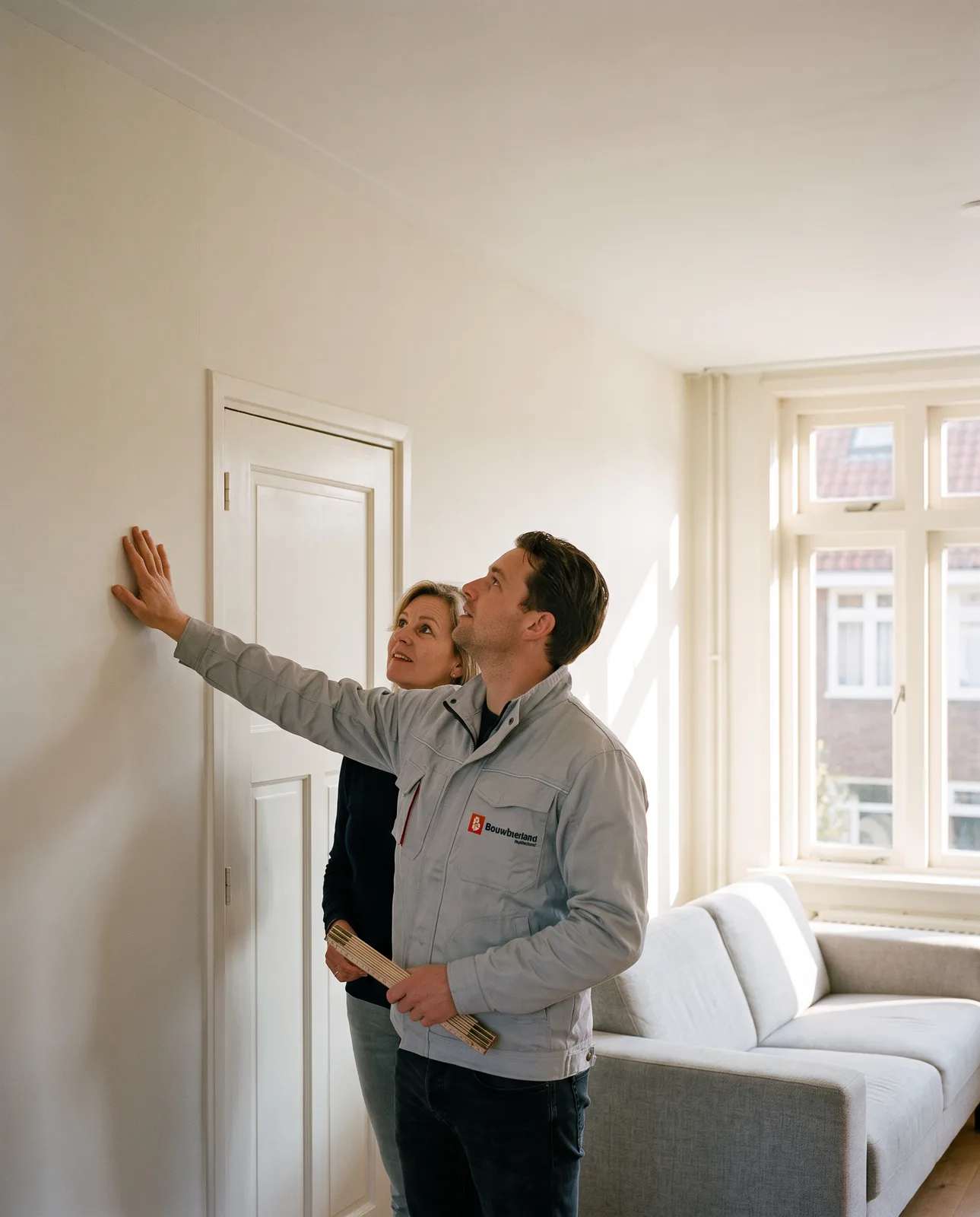 Een adviseur van ons bekijkt met de bewoner de muur die eruit moet