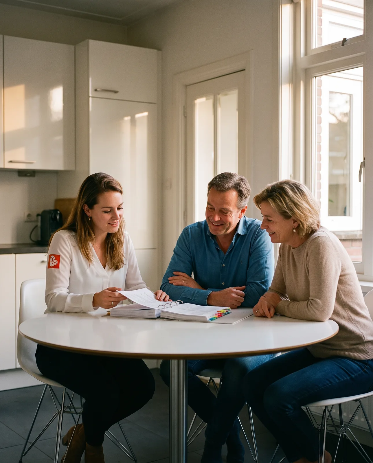 Een adviseur van ons loopt met de bewoners aan tafel de begroting door