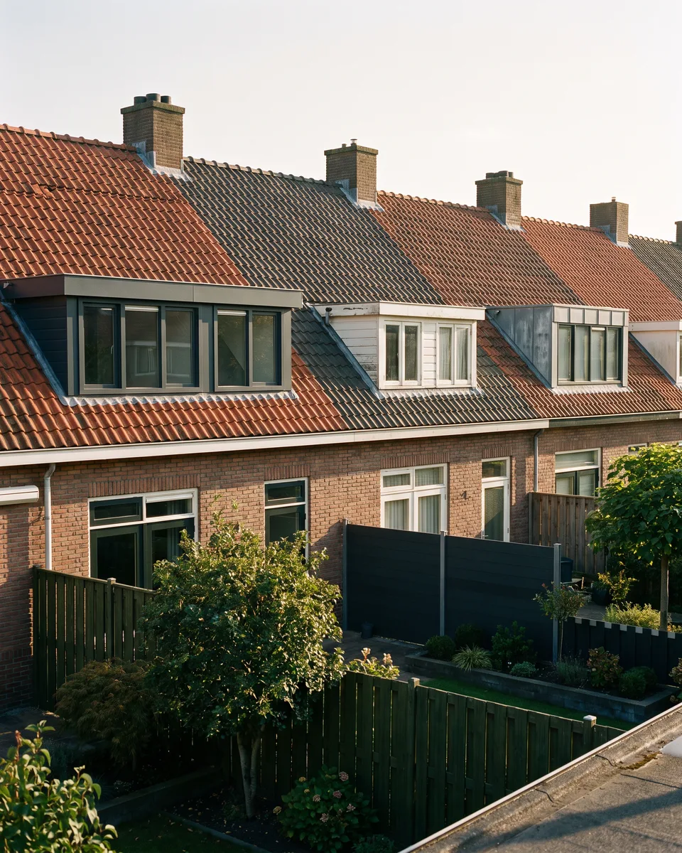 Een rij jaren-dertigwoningen met verschillende dakkapellen aan de achterkant, in de middagzon