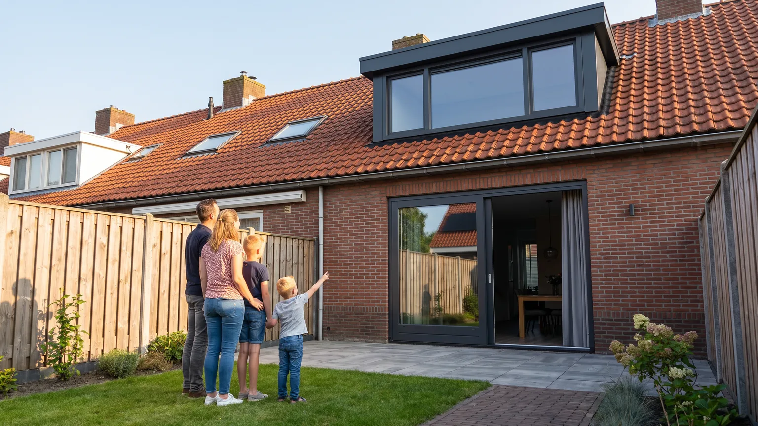 Een gezin kijkt vanuit de tuin omhoog naar hun nieuwe dakkapel