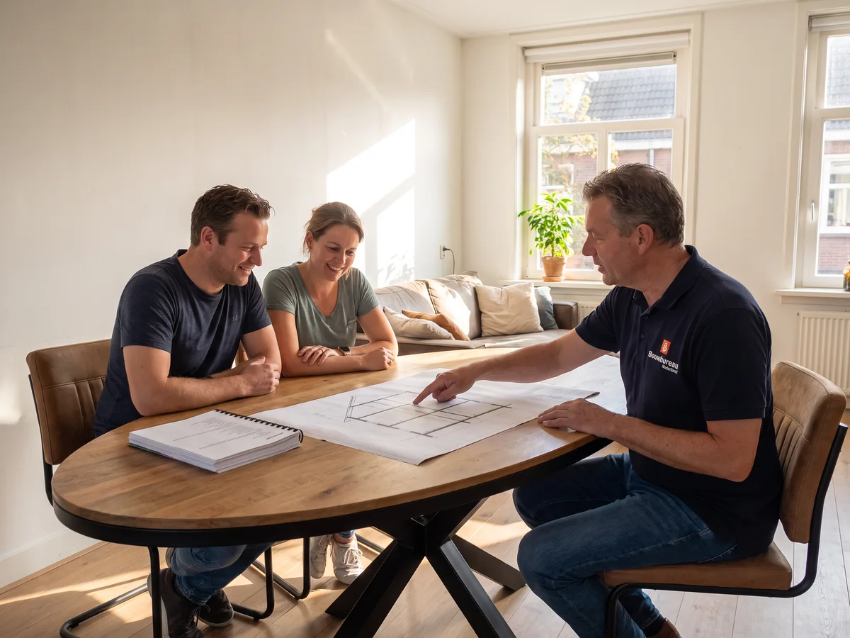 Onze adviseur wijst op de doorsnede van het huis met de nieuwe verdieping; de bewoners kijken opgelucht mee
