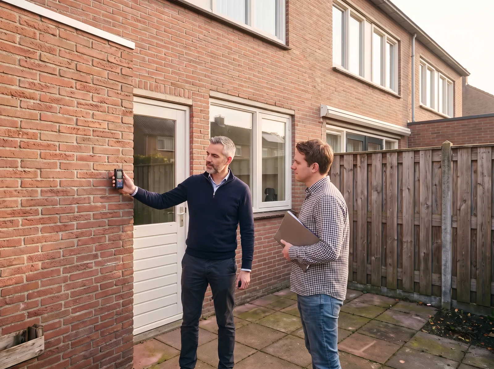 Een adviseur van ons meet met een laserafstandsmeter de achtergevel op waar de uitbouw komt