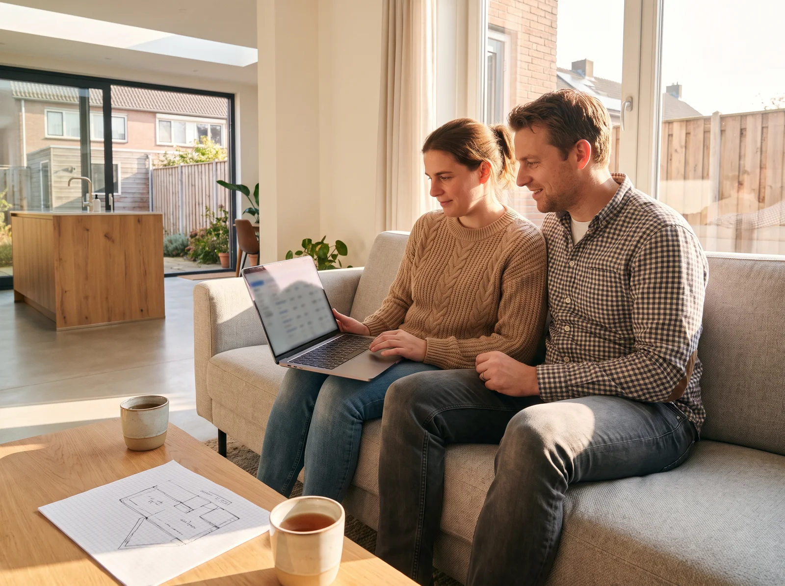 Een stel bekijkt aan de keukentafel een raming van hun verbouwing op een laptop