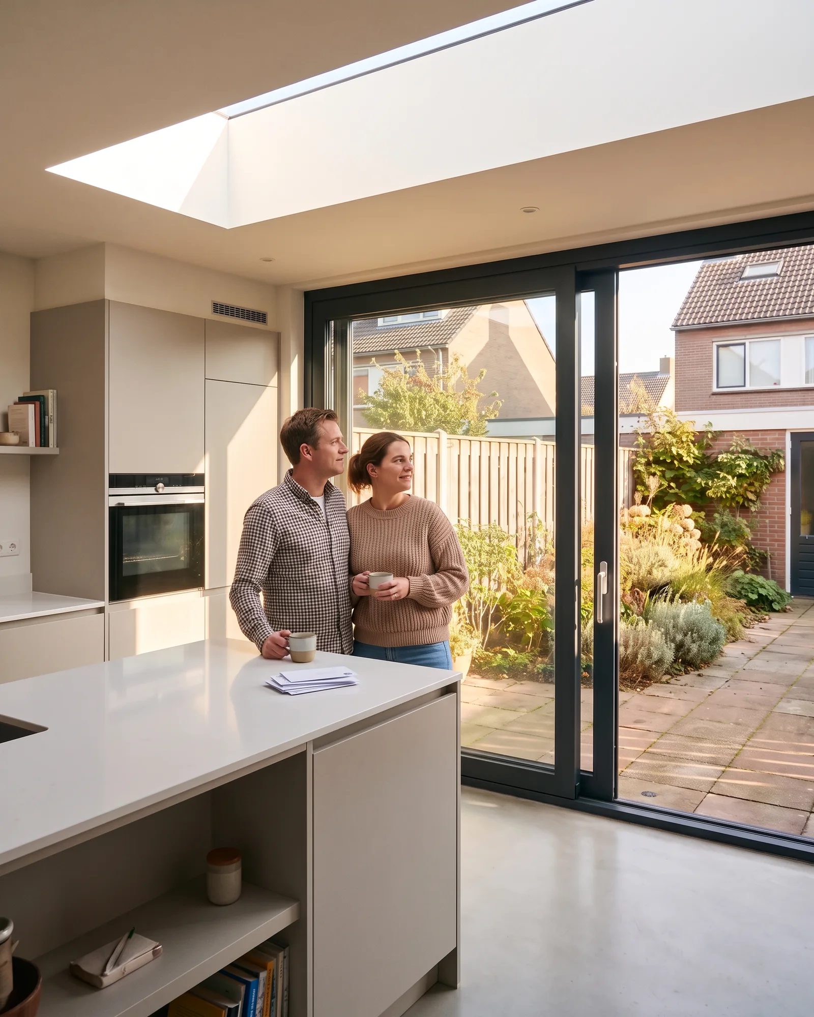 Een stel drinkt koffie in hun nieuwe uitbouw en kijkt door de schuifpui naar de zonnige tuin
