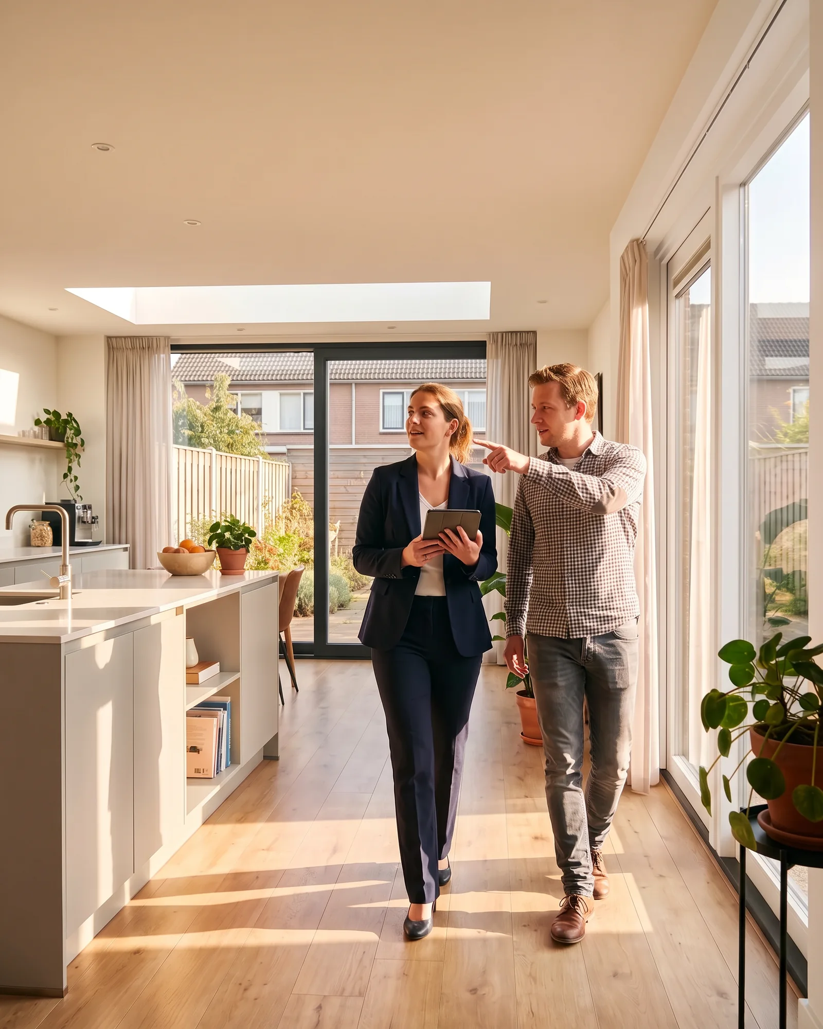 Een taxateur loopt met de bewoner door de woonkamer met een tablet in de hand