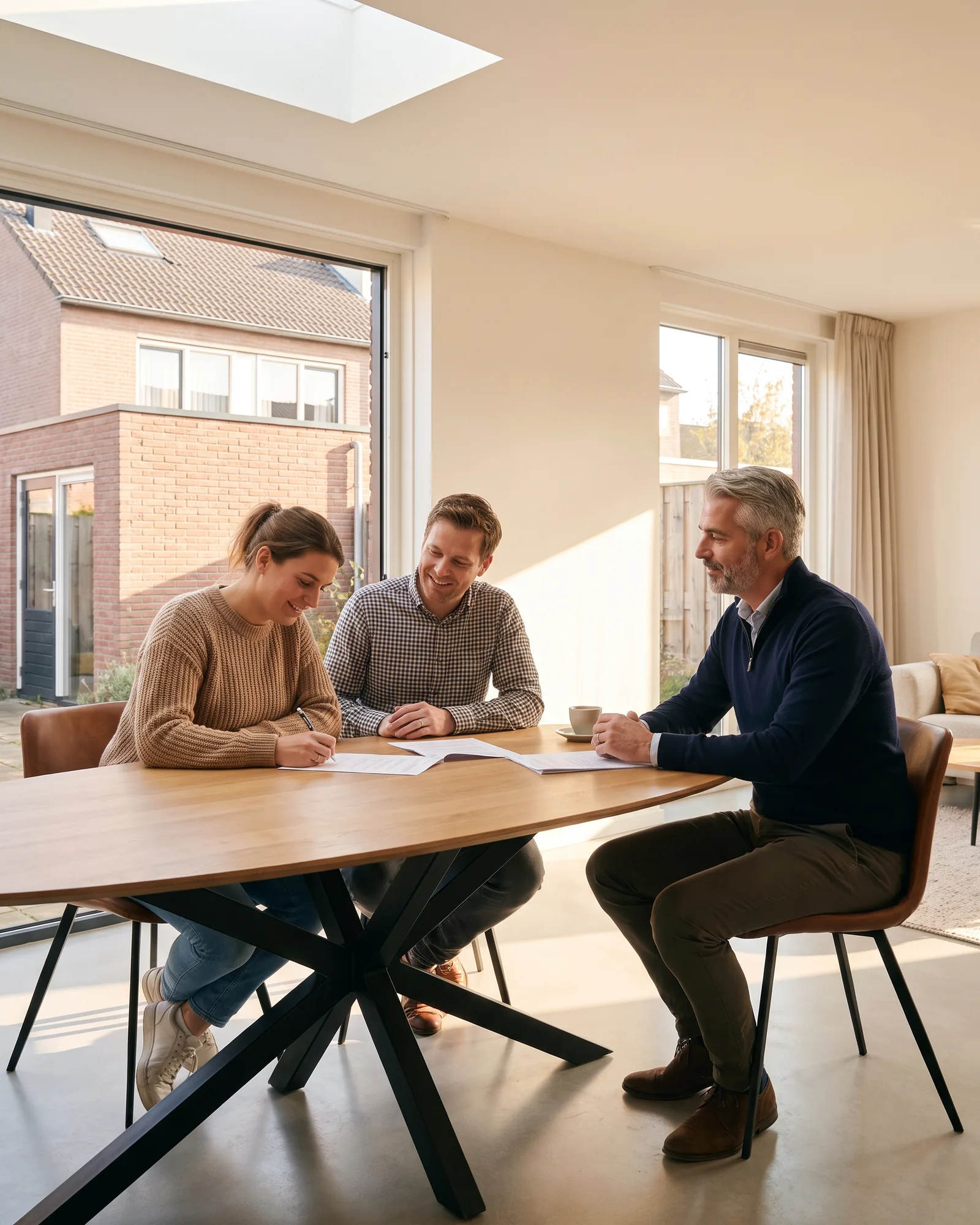 Een stel tekent aan tafel de aannemingsovereenkomst