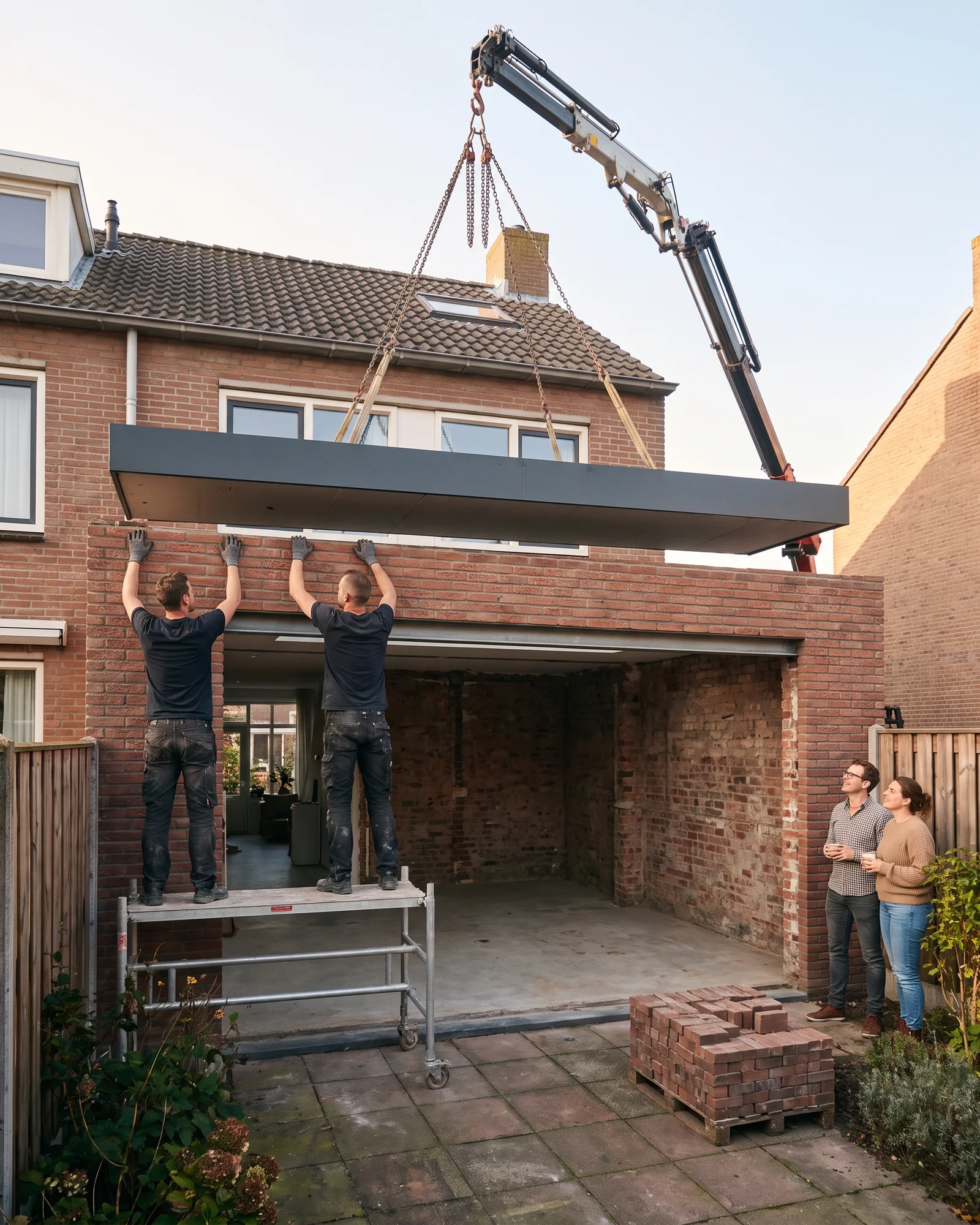 Een kraan zet een prefab dakelement op de wanden van een uitbouw achter een rijwoning