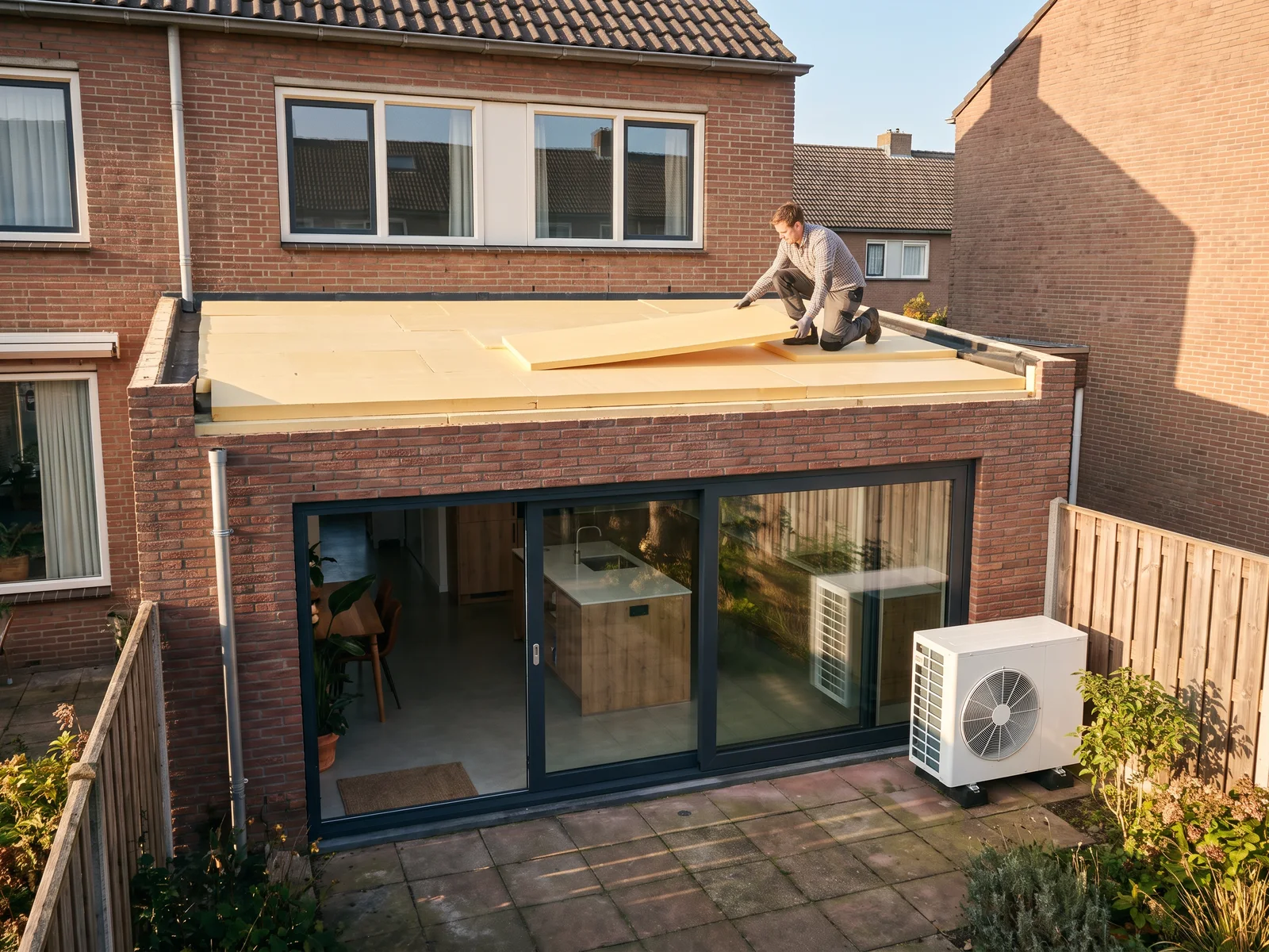 Een vakman legt isolatieplaten in het dak van een uitbouw