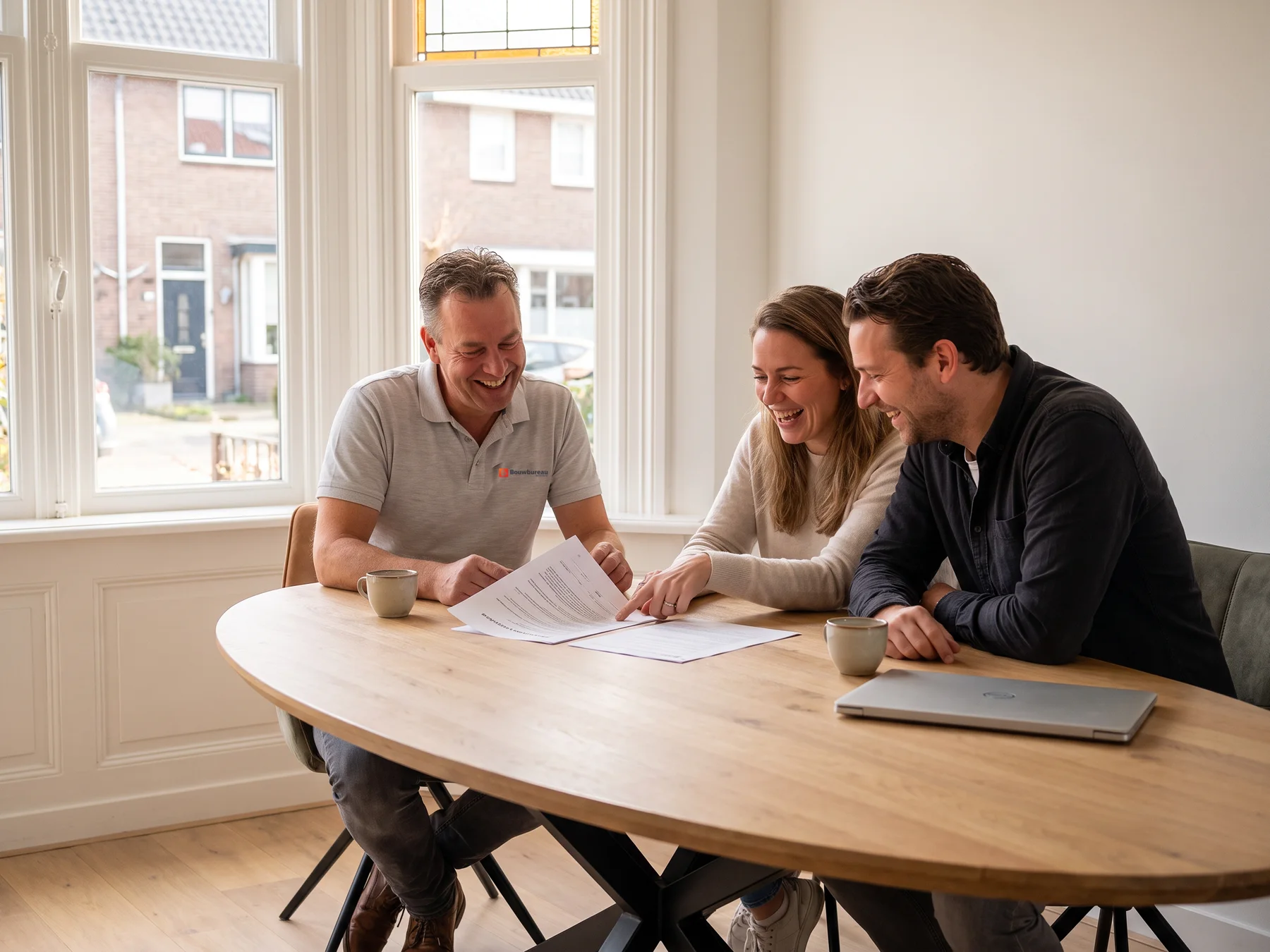 Een adviseur van ons loopt aan een lange ovale tafel met de bewoners hun contract door; de vrouw wijst iets aan en ze lachen