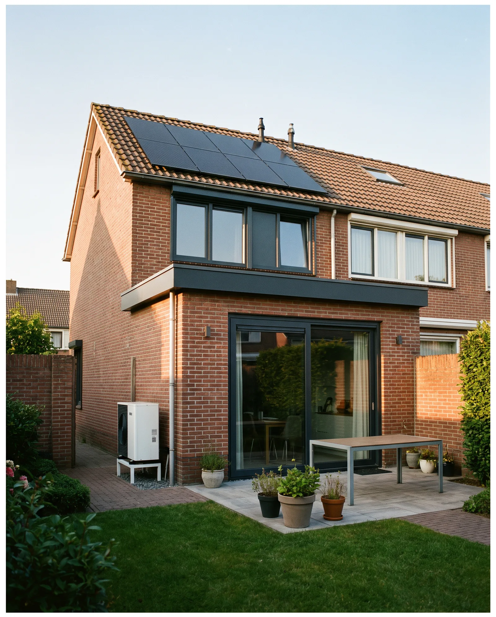 De achterkant van een rijwoning met een nieuwe aanbouw met schuifpui, een warmtepomp tegen de zijmuur en zonnepanelen op het dak