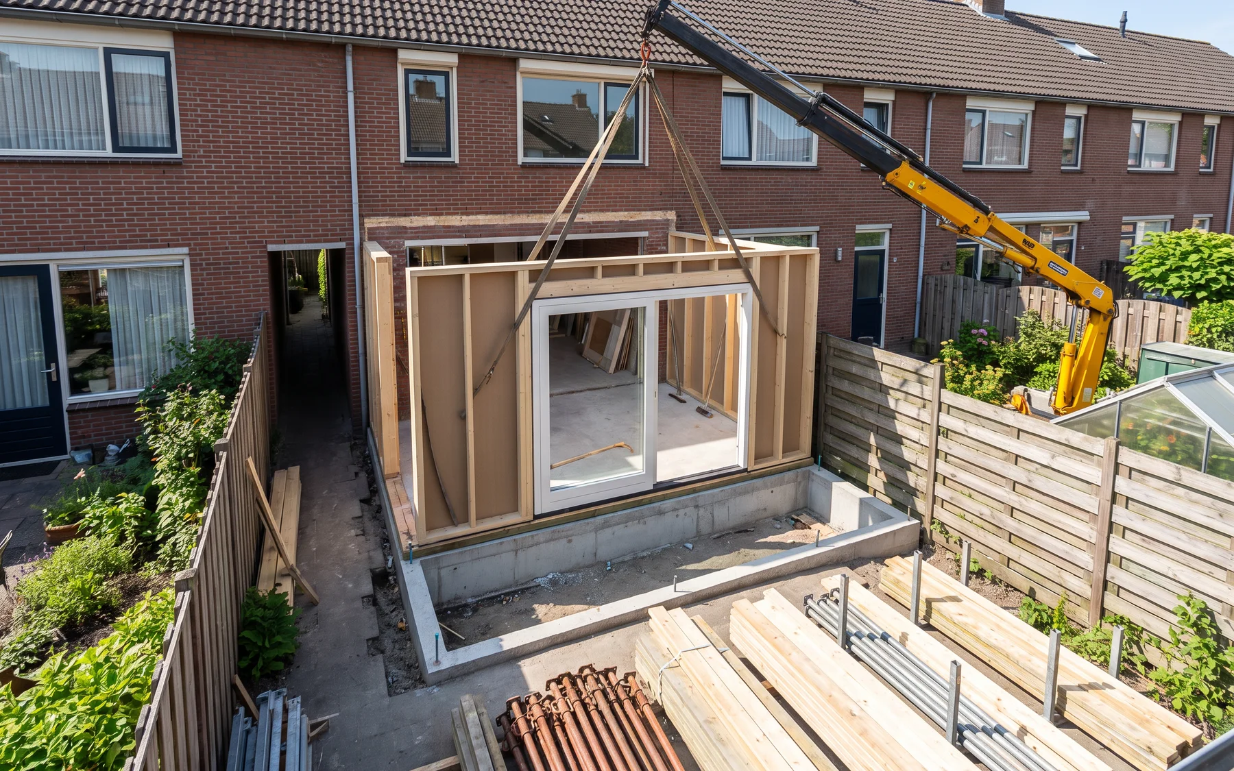 Een prefab wanddeel van een aanbouw hangt aan een kraan boven het fundament achter een rijwoning