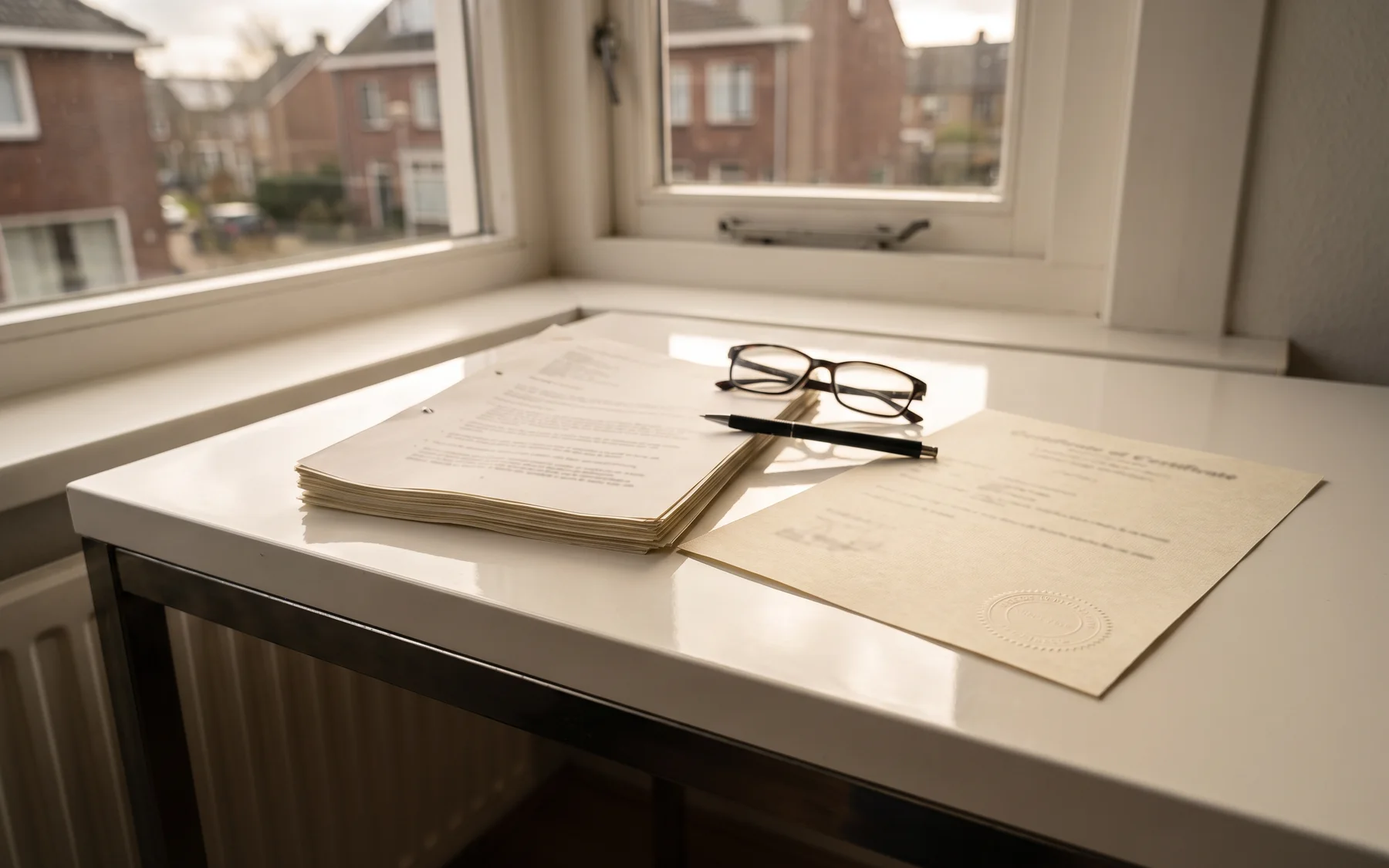 Een contract en een garantiecertificaat liggen op een tafel naast een leesbril en een pen
