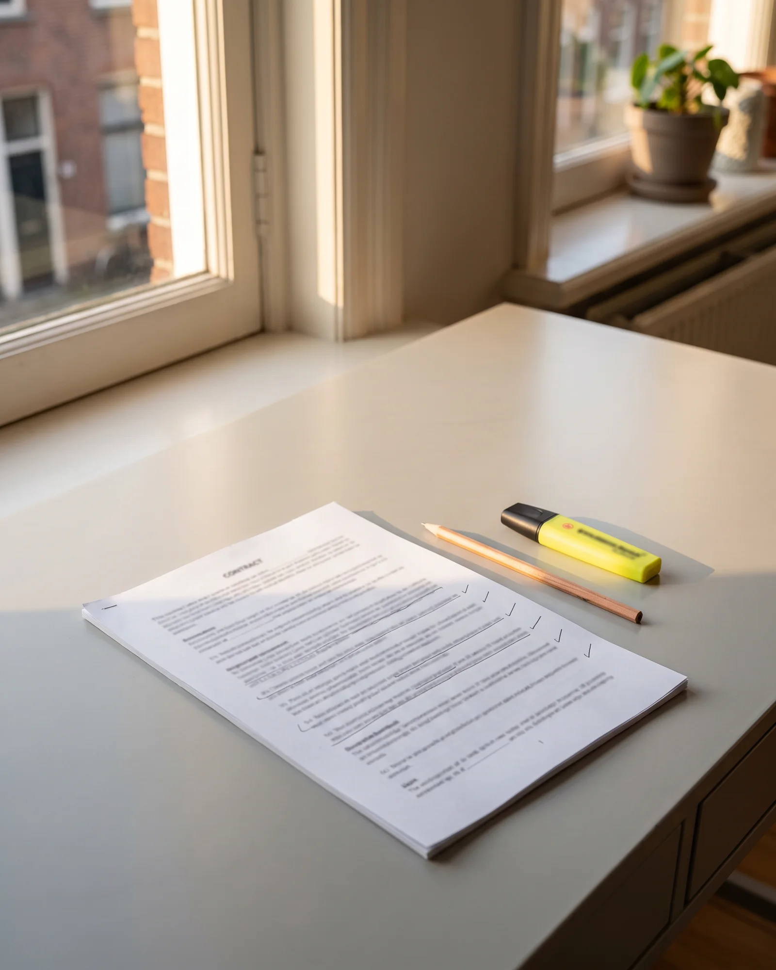 Een contract op tafel, waarin met een potlood de bepalingen over garantie en termijnen zijn gemarkeerd