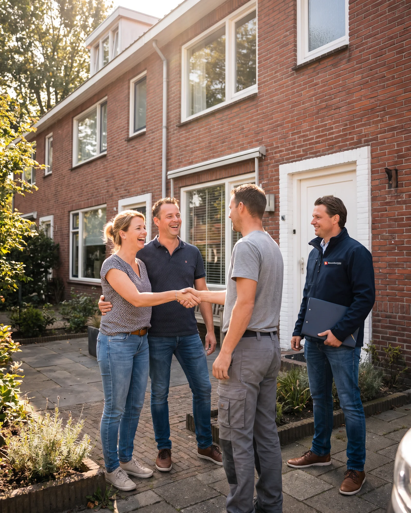 De bewoners maken bij hun huis kennis met een bouwer, met een adviseur van ons erbij