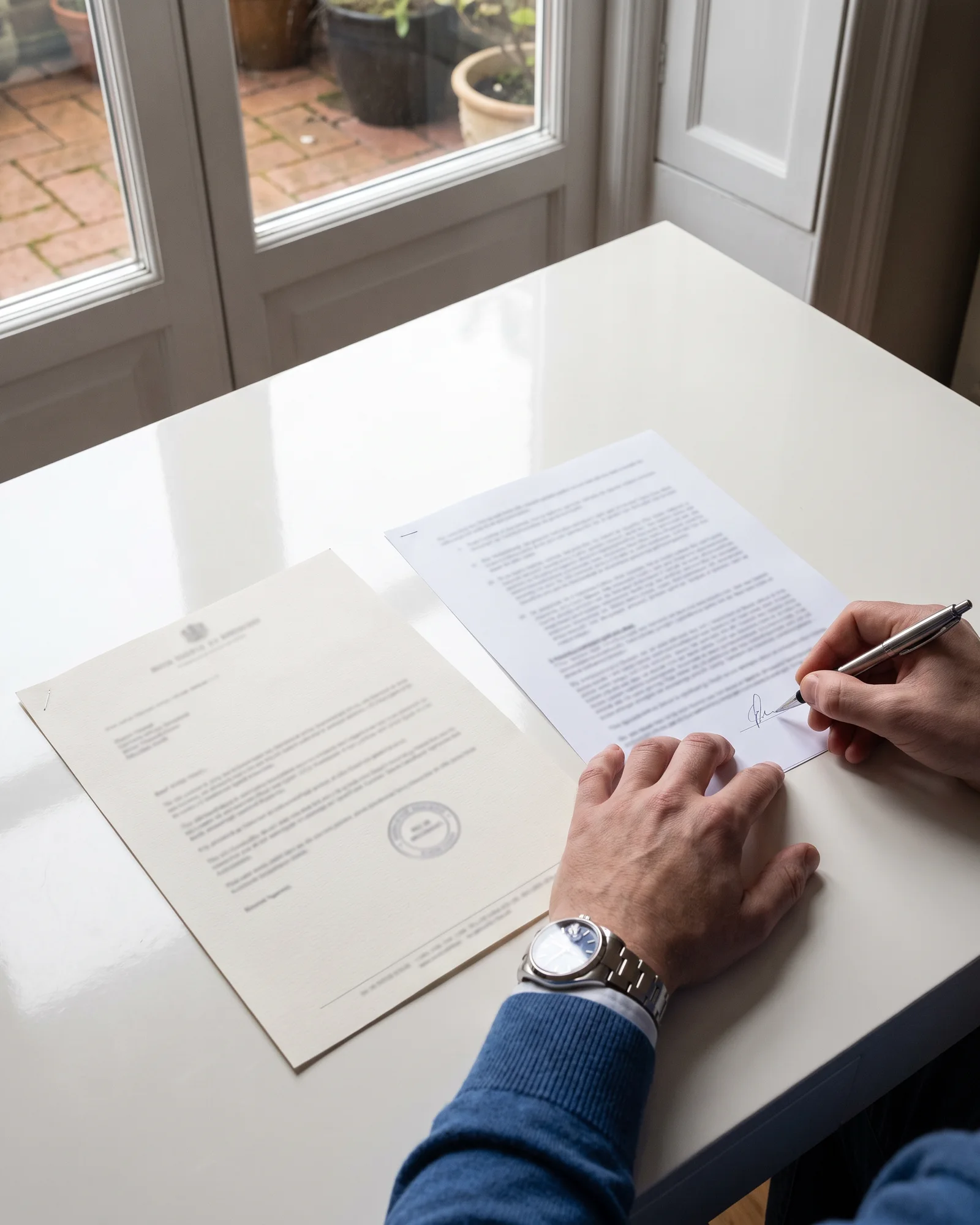 Een hand zet een handtekening onder een contract, naast een bankgarantie op briefpapier