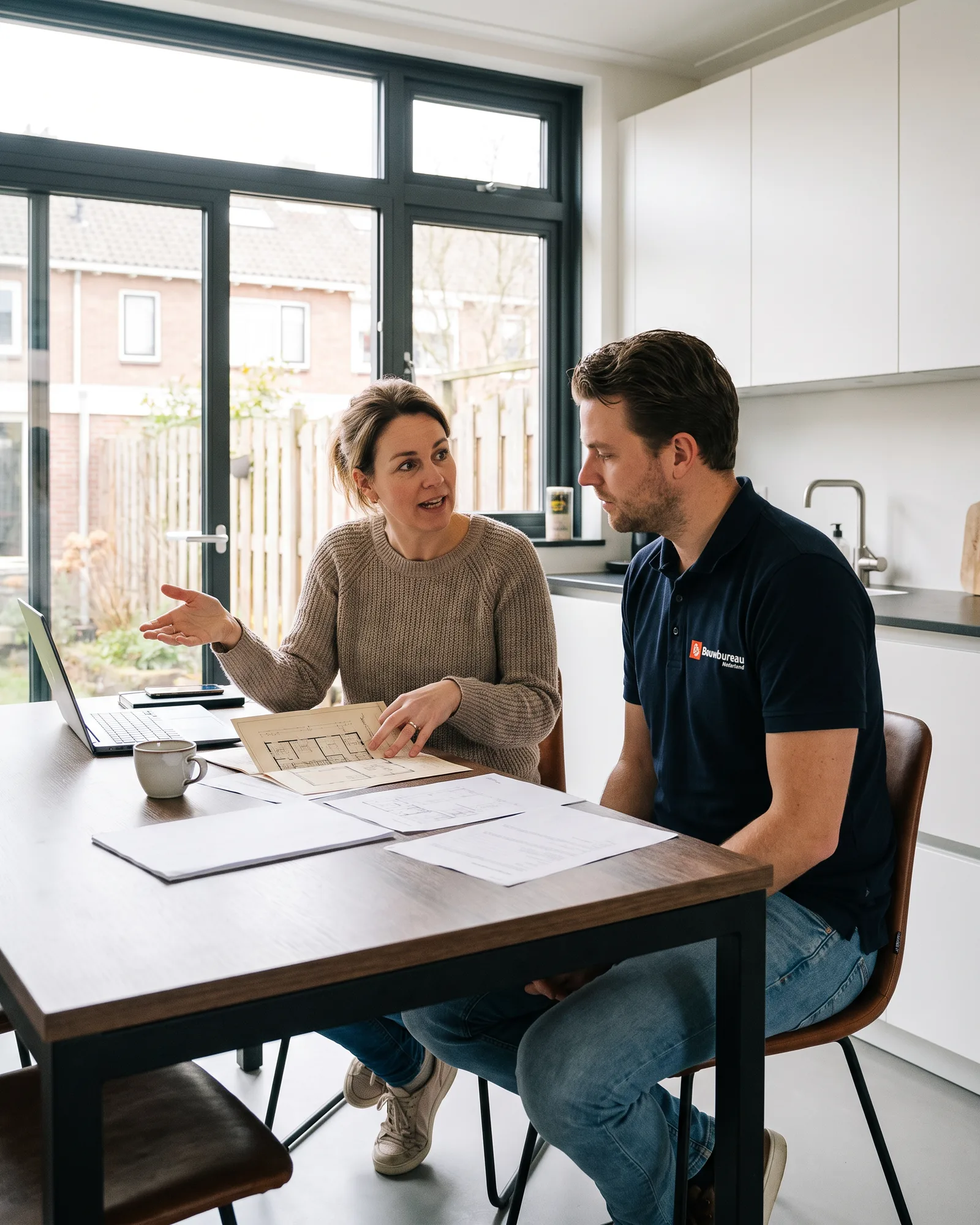 Een adviseur van Bouwbureau Nederland luistert aan de keukentafel naar een bewoner die haar plannen uitlegt