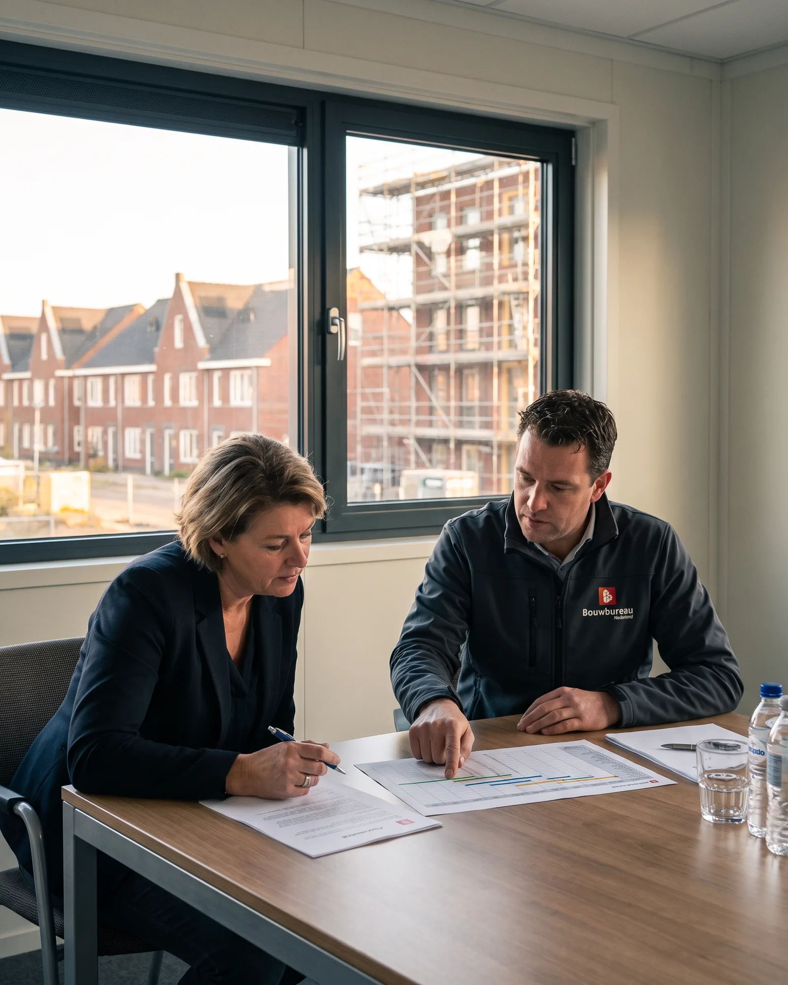 Een adviseur van Bouwbureau Nederland neemt in de bouwkeet de planning en de afspraken door met een ontwikkelaar