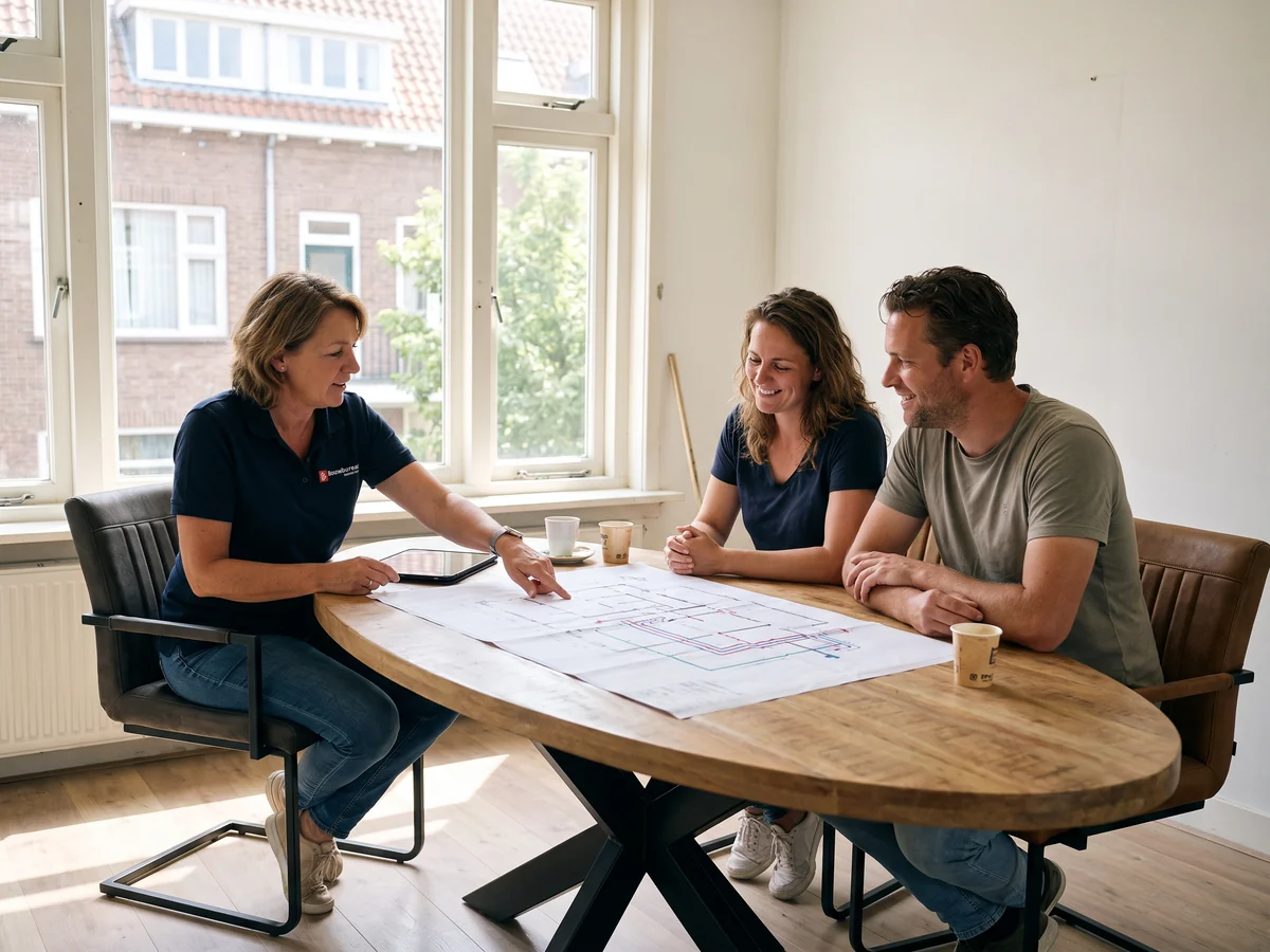 Een adviseur van Bouwbureau Nederland neemt met de bewoners het installatieplan door aan hun eettafel