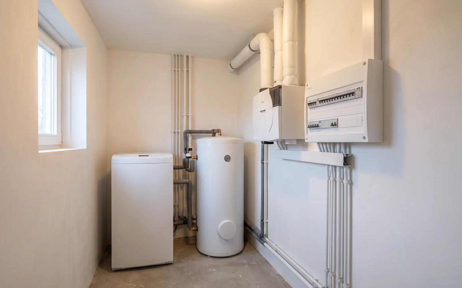 Een opgeruimde technische ruimte met de binnenunit van een warmtepomp, een boilervat en een nieuwe meterkast