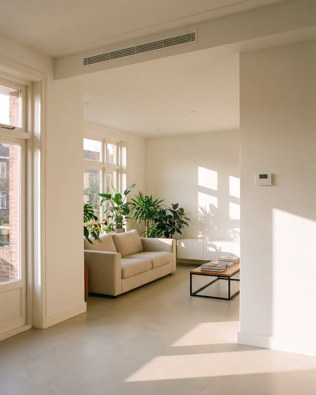 Een lichte, verbouwde woonkamer met een strak ventilatierooster in het plafond en een thermostaat aan de wand