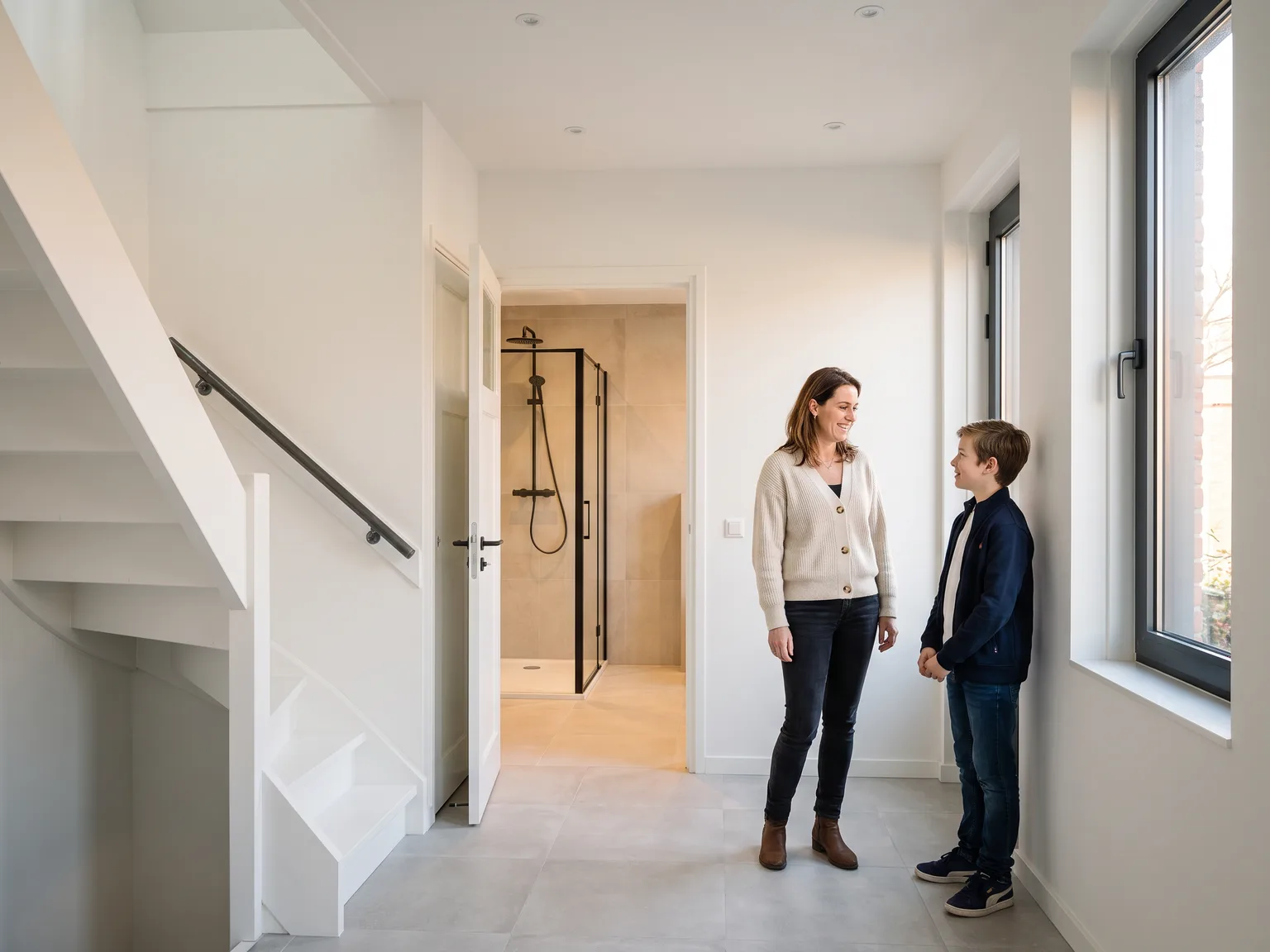 Een moeder en haar zoon in de gang van hun net verbouwde huis, met een nieuwe vloer en door de open deur een nieuwe badkamer