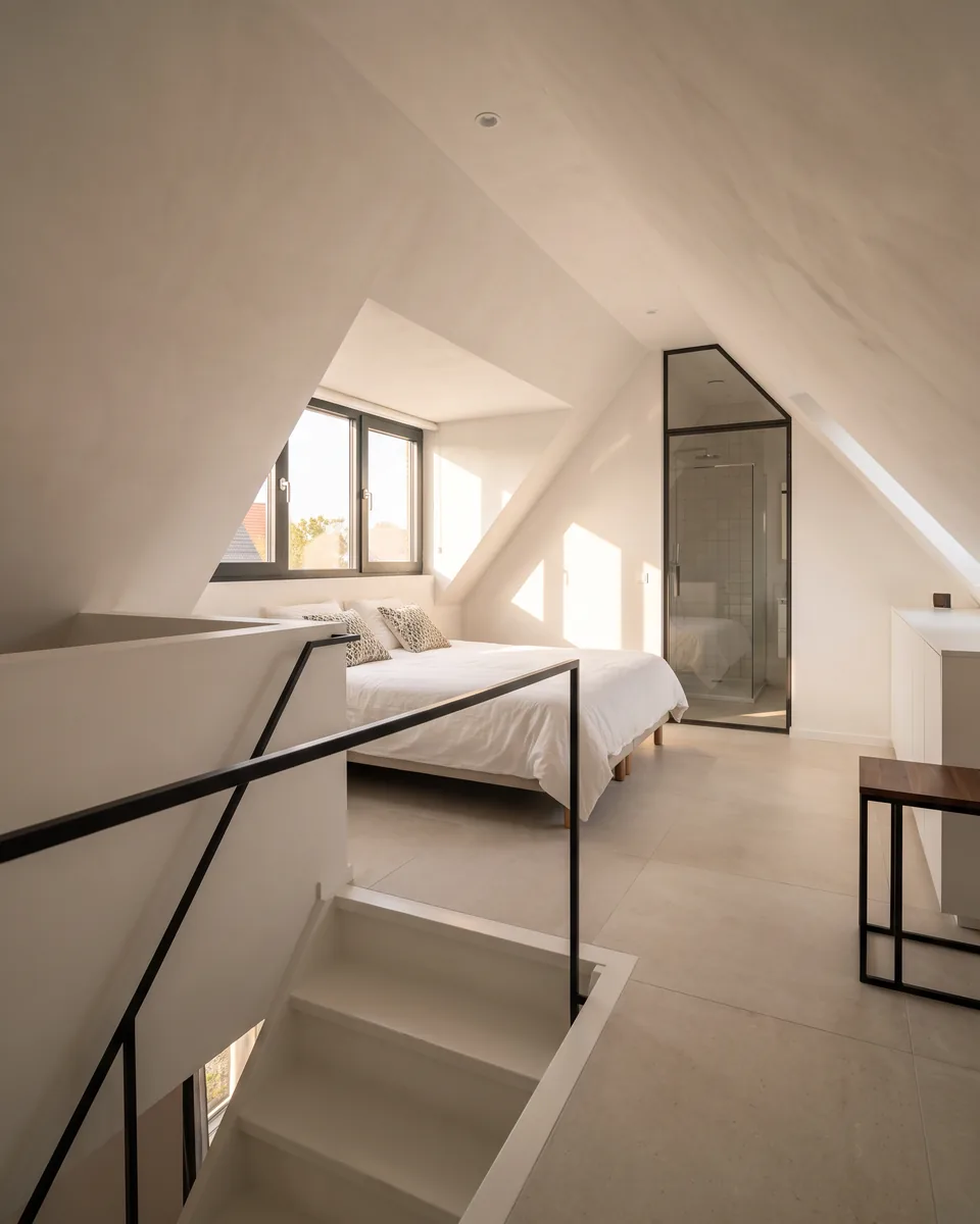 Een zolder die net een slaapkamer is geworden, met een vaste trap en een dakkapel