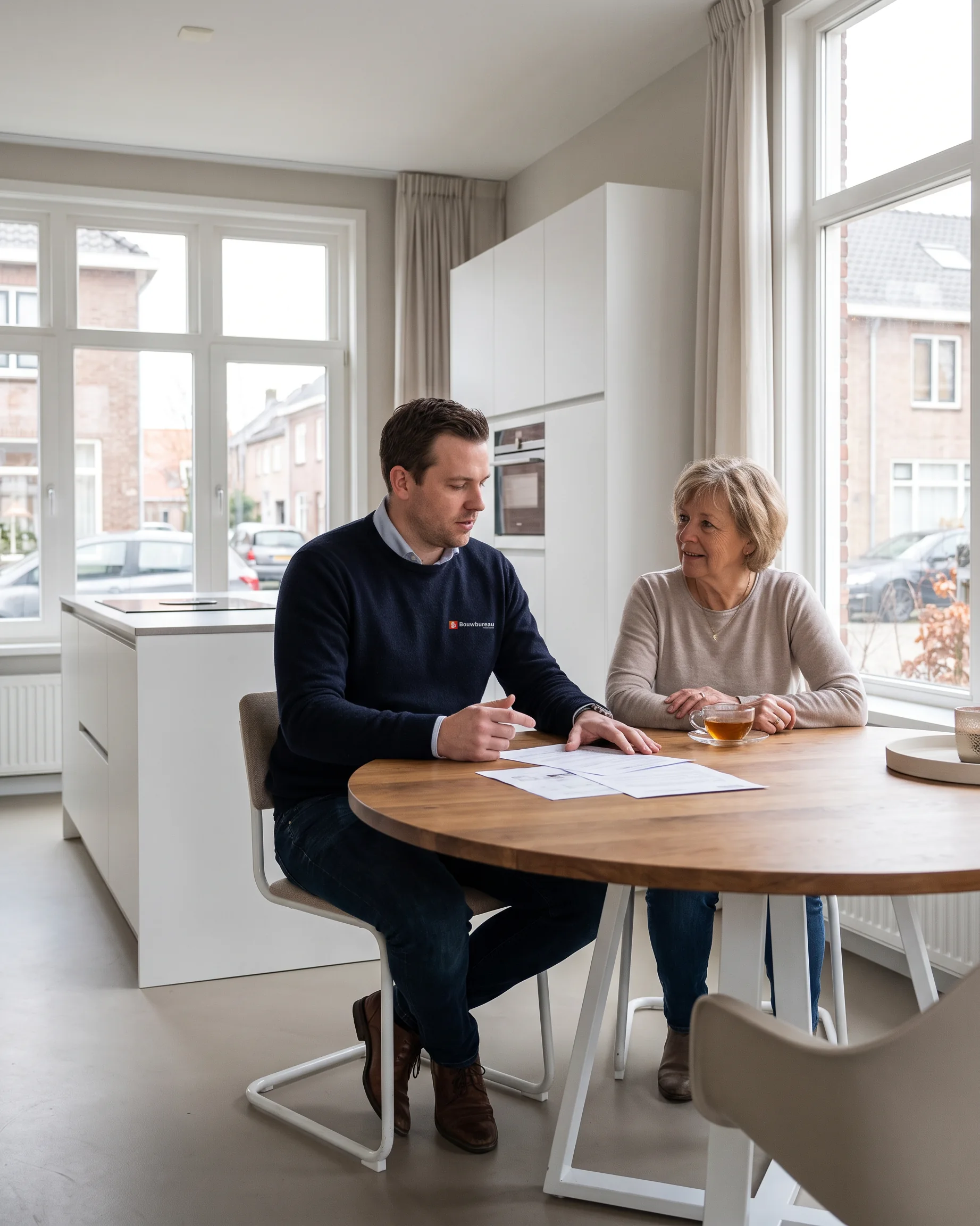 Een adviseur van ons en een huiseigenaar bekijken samen de stukken aan tafel.